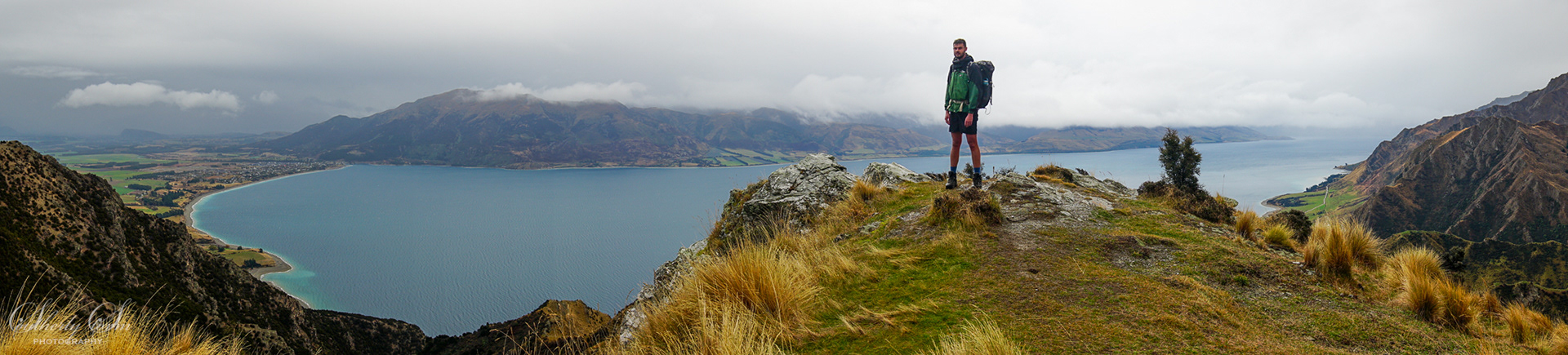 Tramper at view point over Lake Hawea
