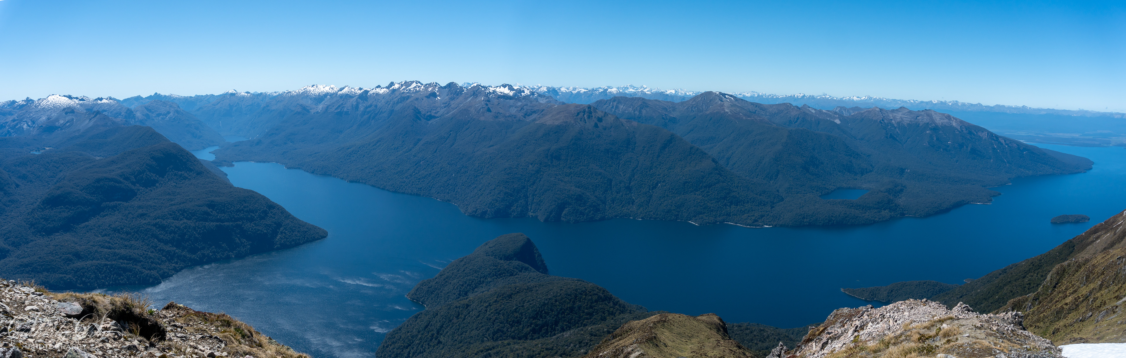 Panoramic view of the Stuart Mountains and Lake Te Anau
