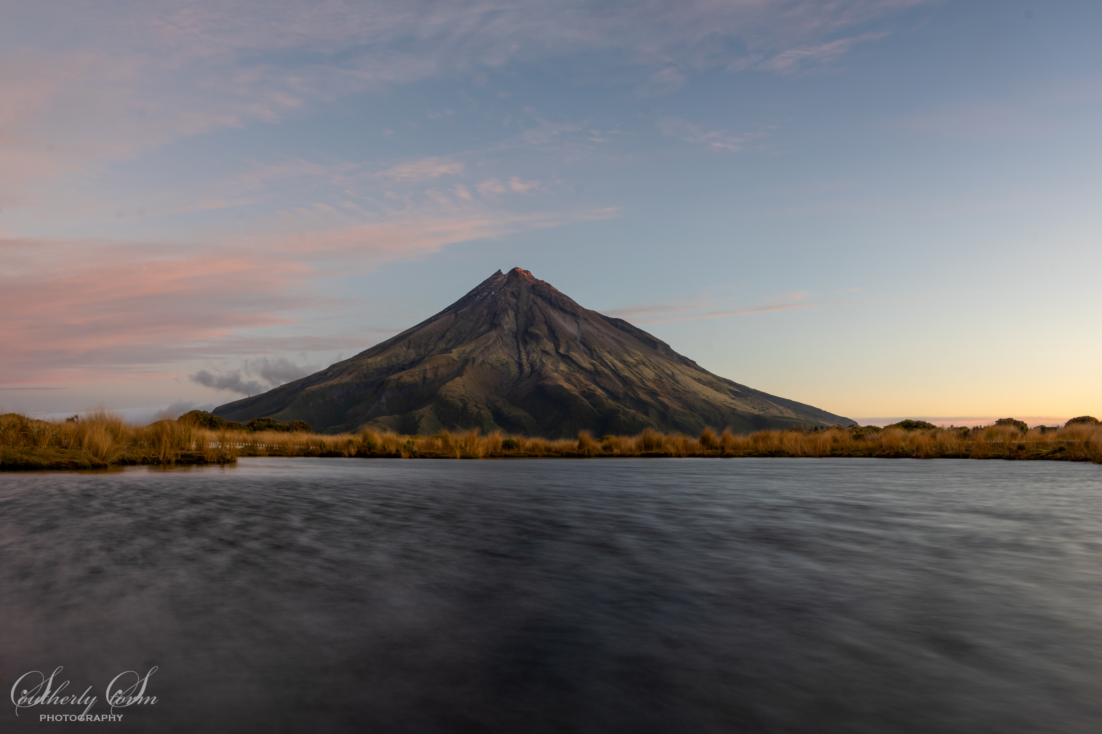 Evening light on Mt Taranaki from Pouakai Tarn