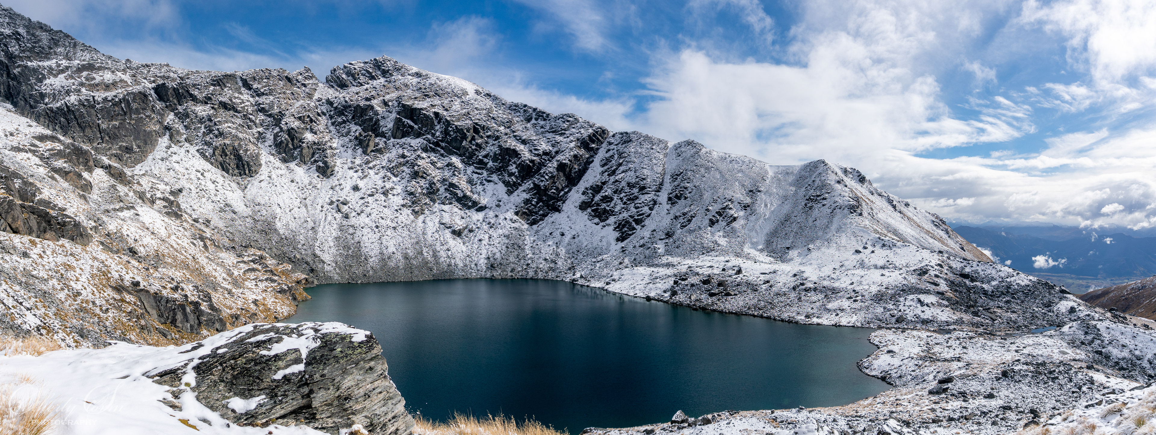 Full panorama of Lake Alta in a dusting of snow