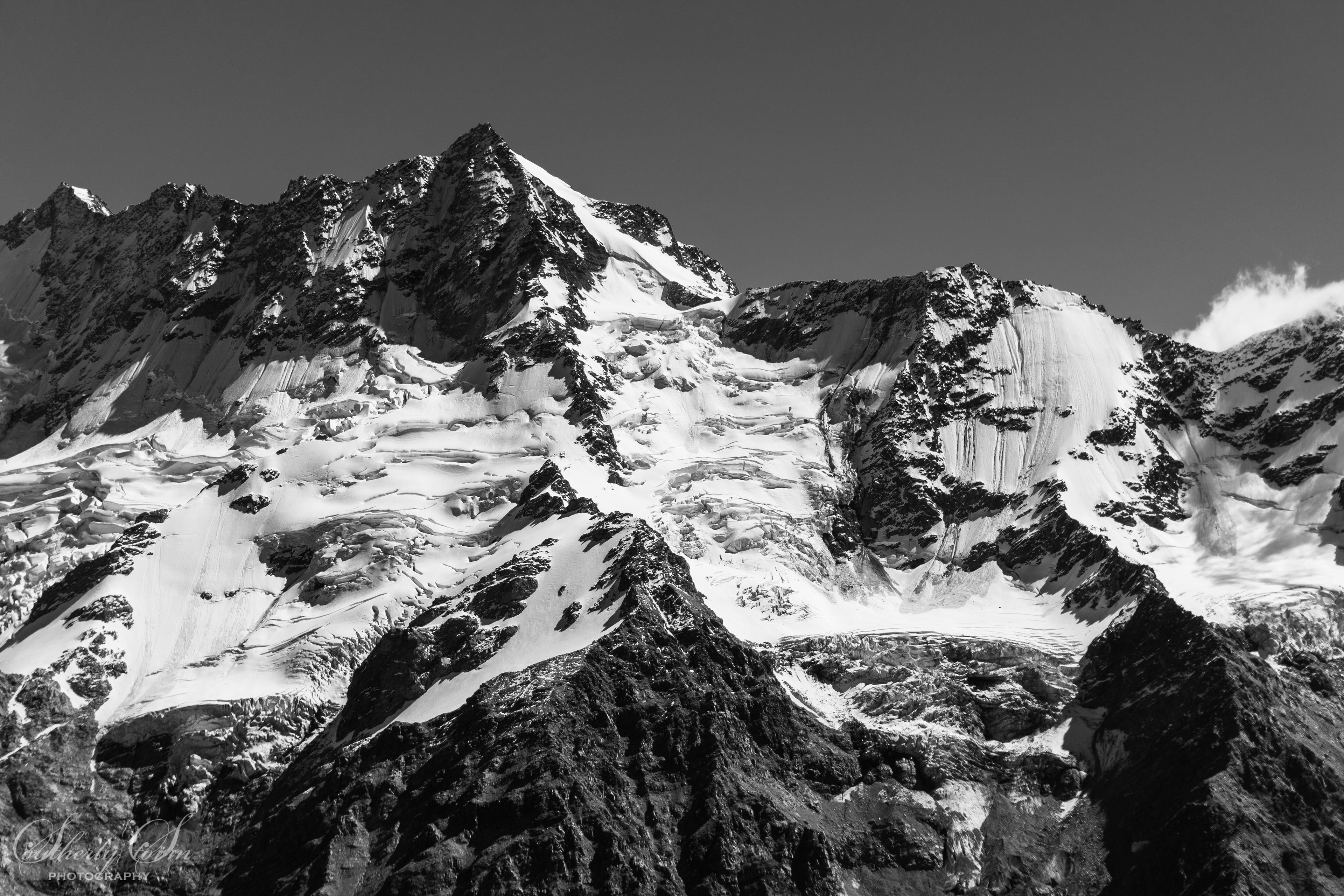Black and white image of Footstool and the surrounding glaciers
