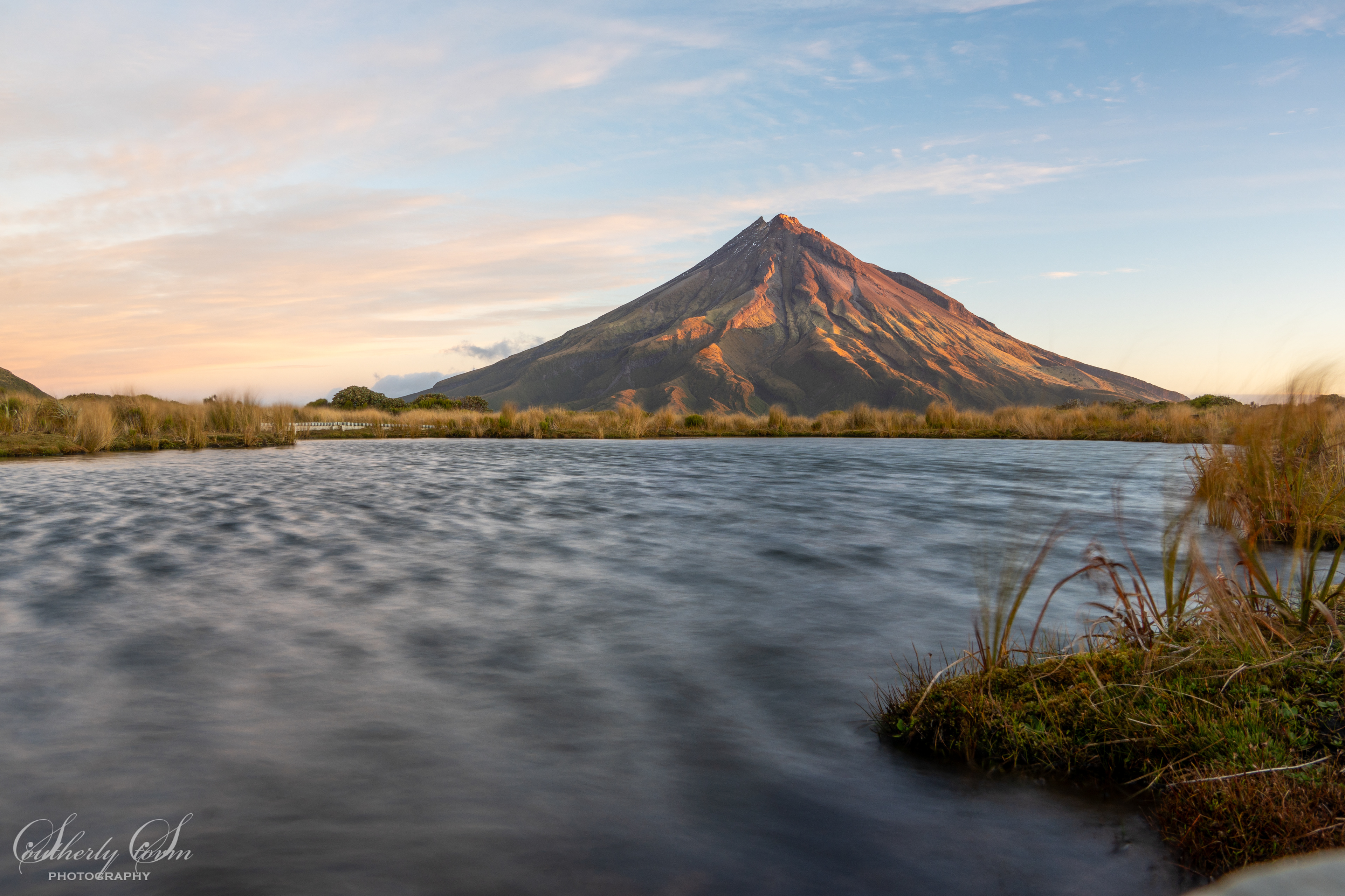 Evening light on Mt Taranaki from Pouakai Tarn