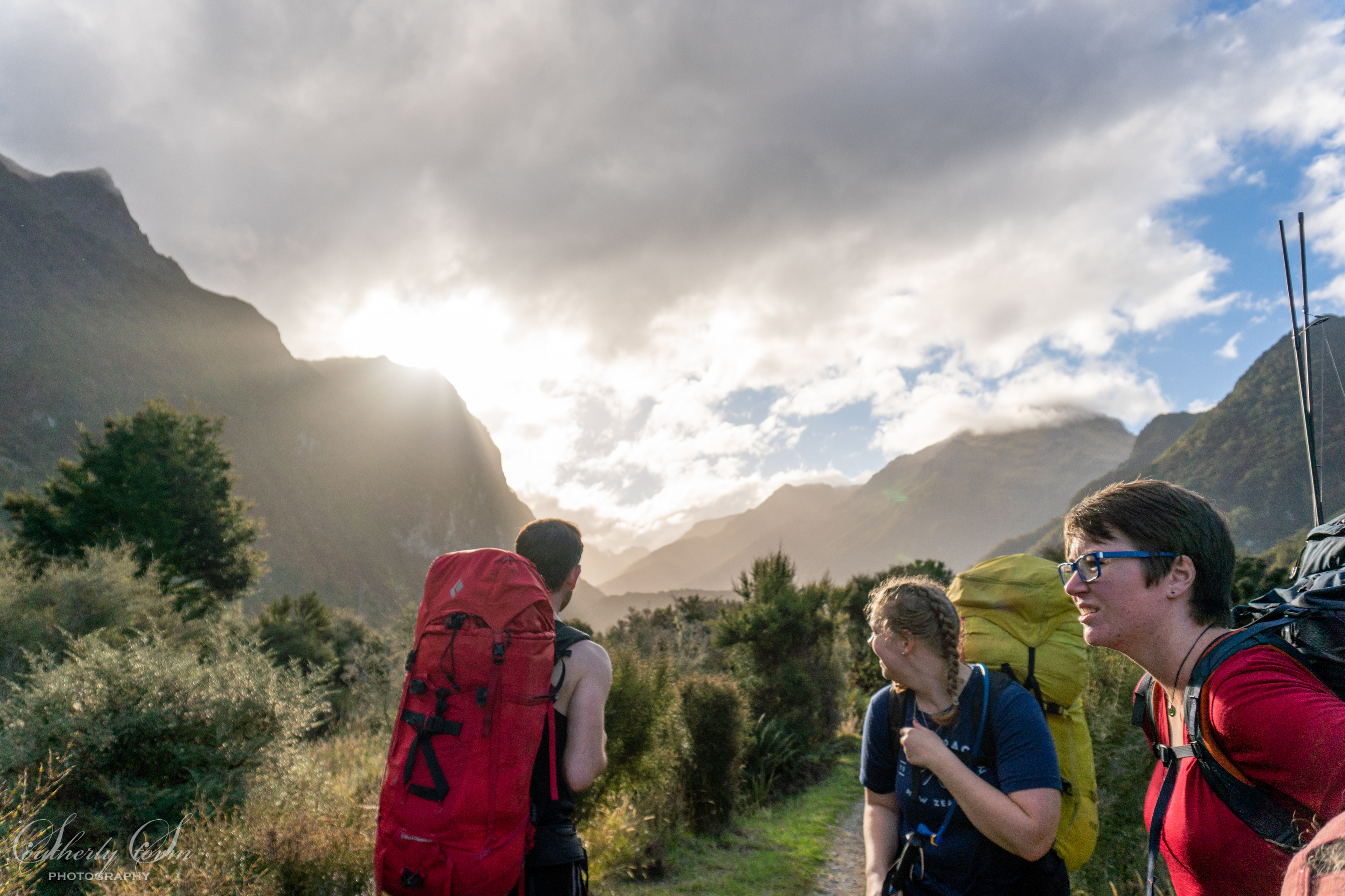 People at sunset in the upper Iris Burn Valley