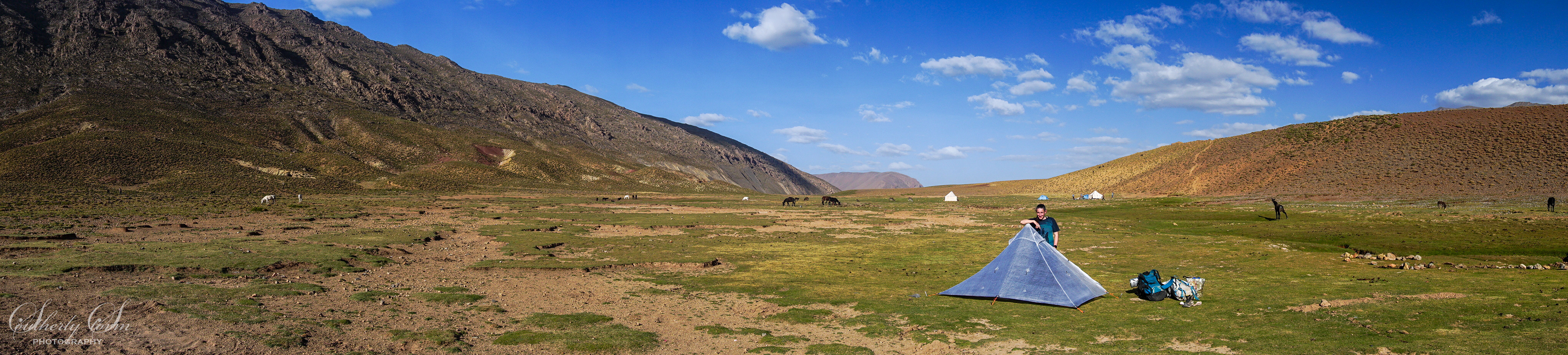 Panorama of a moroccan valley with tents and horses