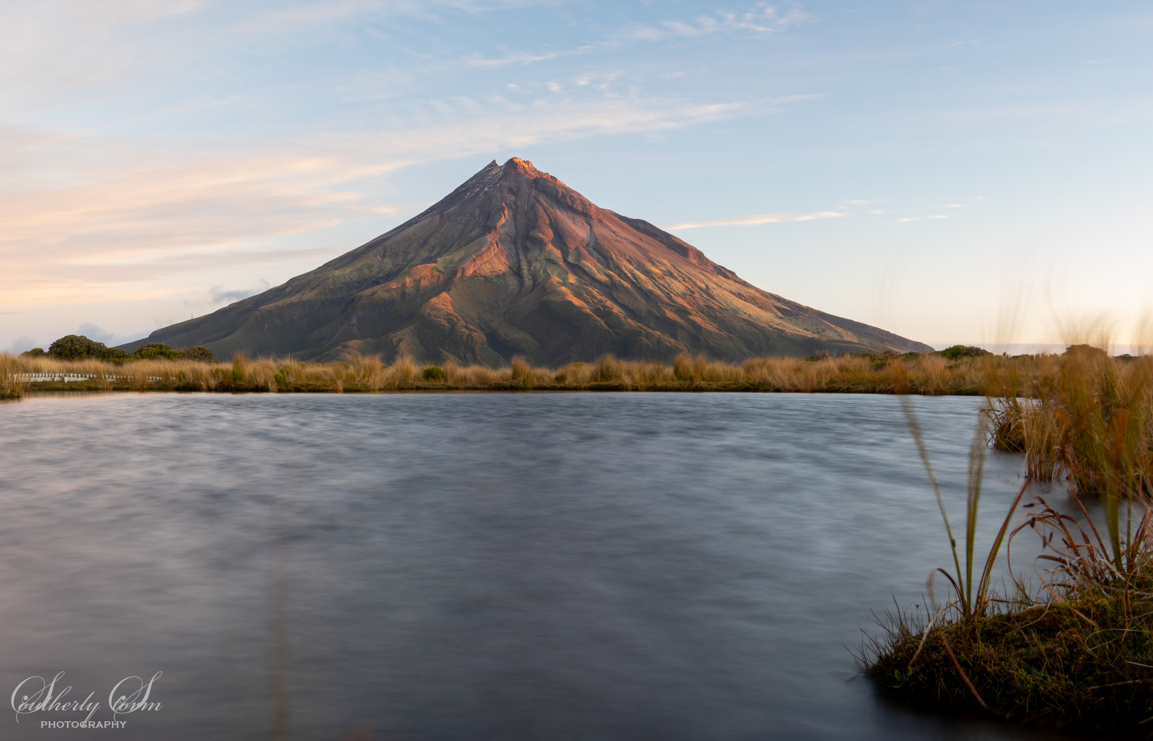 Evening light on Mt Taranaki from Pouakai Tarn