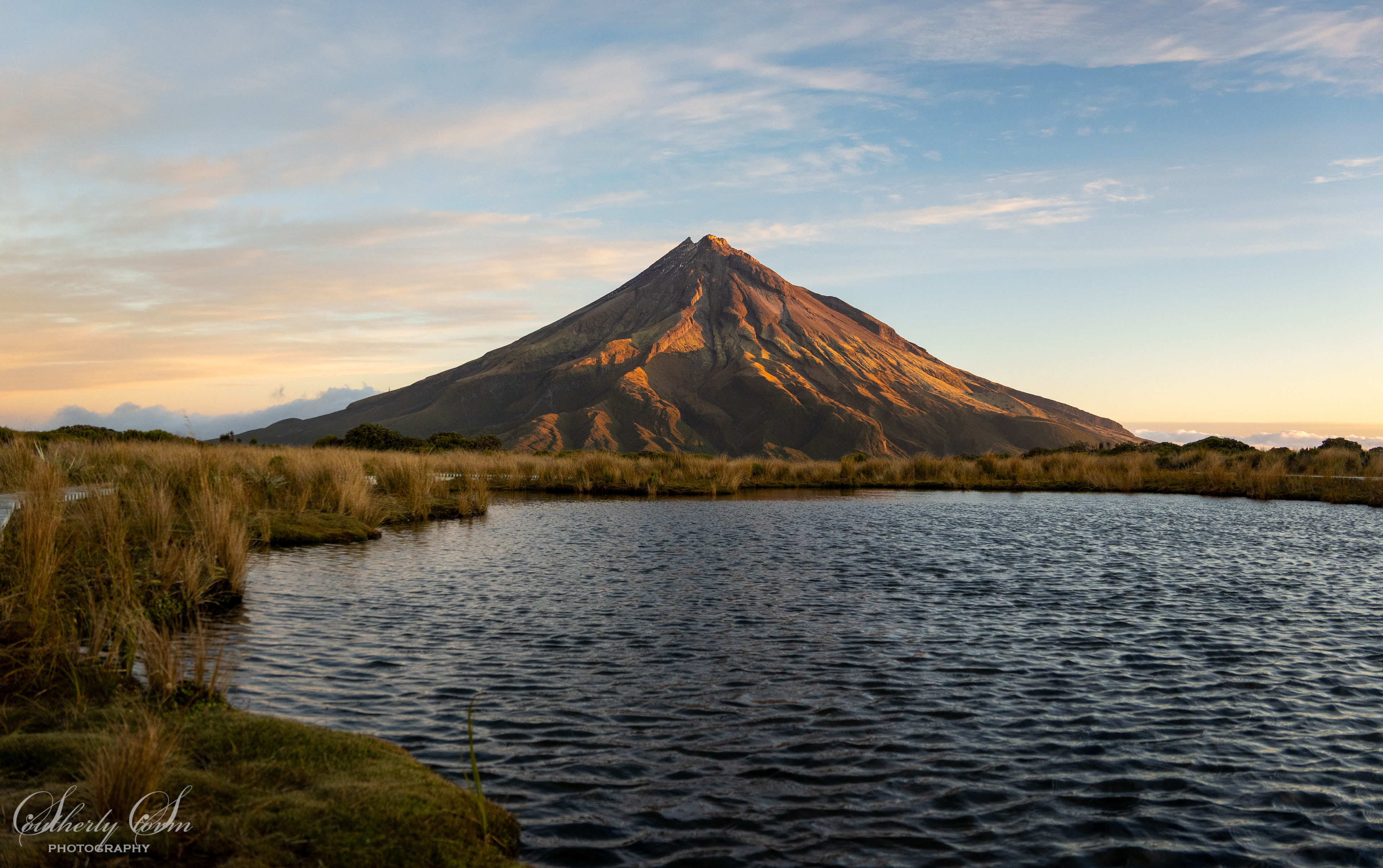Evening light on Mt Taranaki from Pouakai Tarn