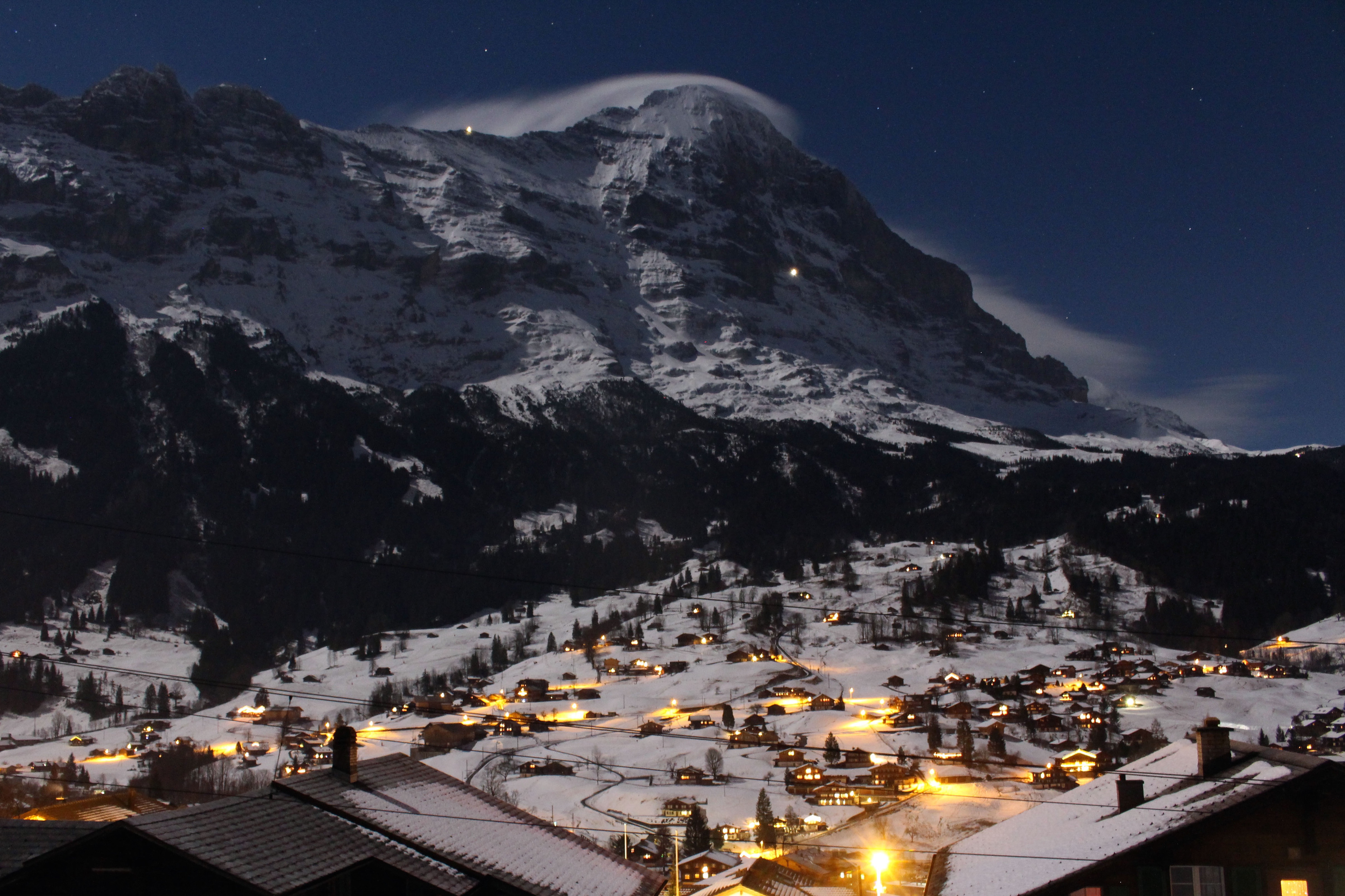 The Eiger and the stollenloch Grindelwald, by moonlight