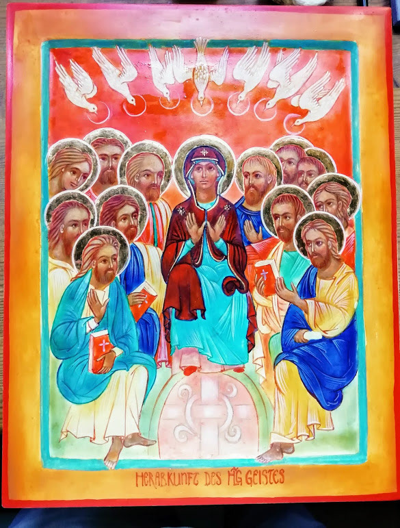 Pfingst - Ikone Die Herabkunft des Heiligen Geistes Da kam plötzlich vom Himmel her ein mächtiges Brausen, wie ein heftiger Sturm und erfüllte das ganze Haus. 35 x 27,5 cm