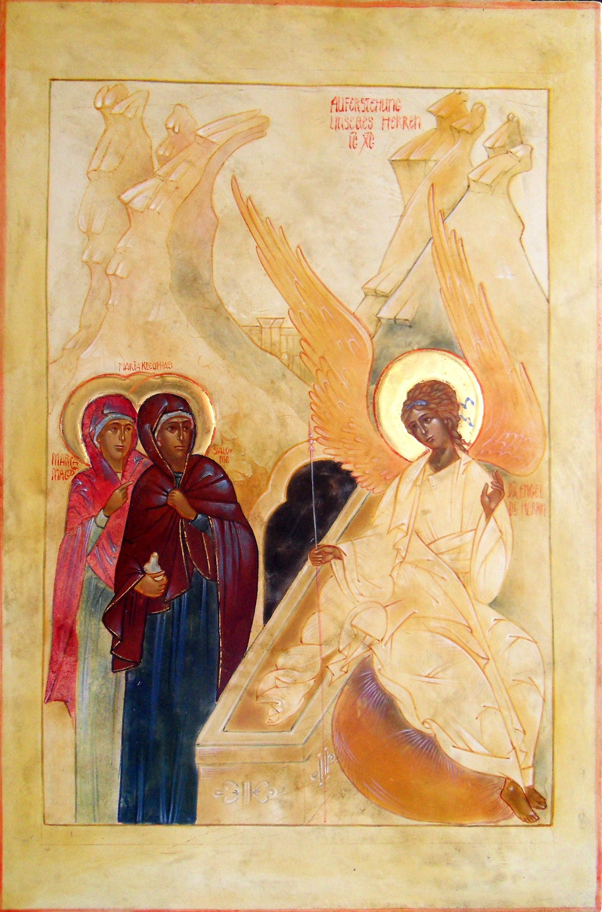 Der Engel am Grabe Das Leben hat den Tod besiegt, *** Halleluja *** Christ ist erstanden von den Toten. *** Halleluja *** Ergriffen hat er unser Herz *** Halleluja *** und es erfüllt mit seinem Licht! *** Halleluja *** 45 x 30 cm
