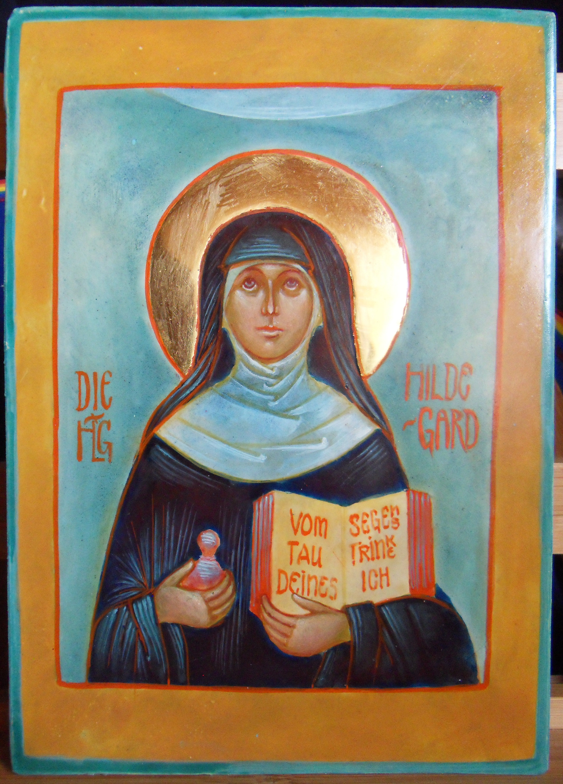 Die Hlg. Hildegard von Bingen Aufhebe ich meine Augen zu den Bergen, von wo kommet mir Hilfe? Meine Hilfe stehet beim Herrn, der Himmel und Erde erschaffen. 25 x 18 cm