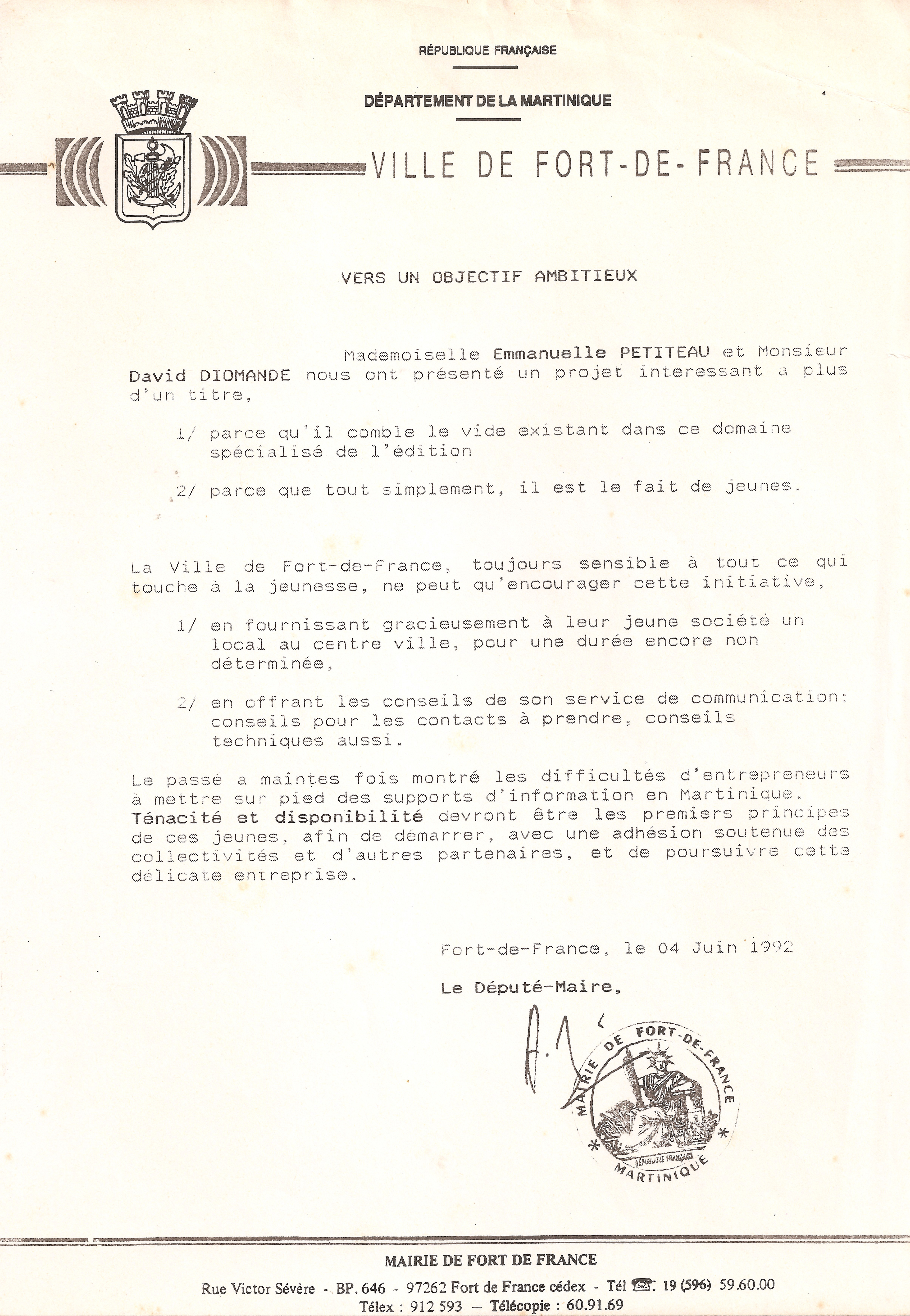 Courrier signé de la main de Monsieur Aime Césaire, alors Depute Maire de Fort-de-France