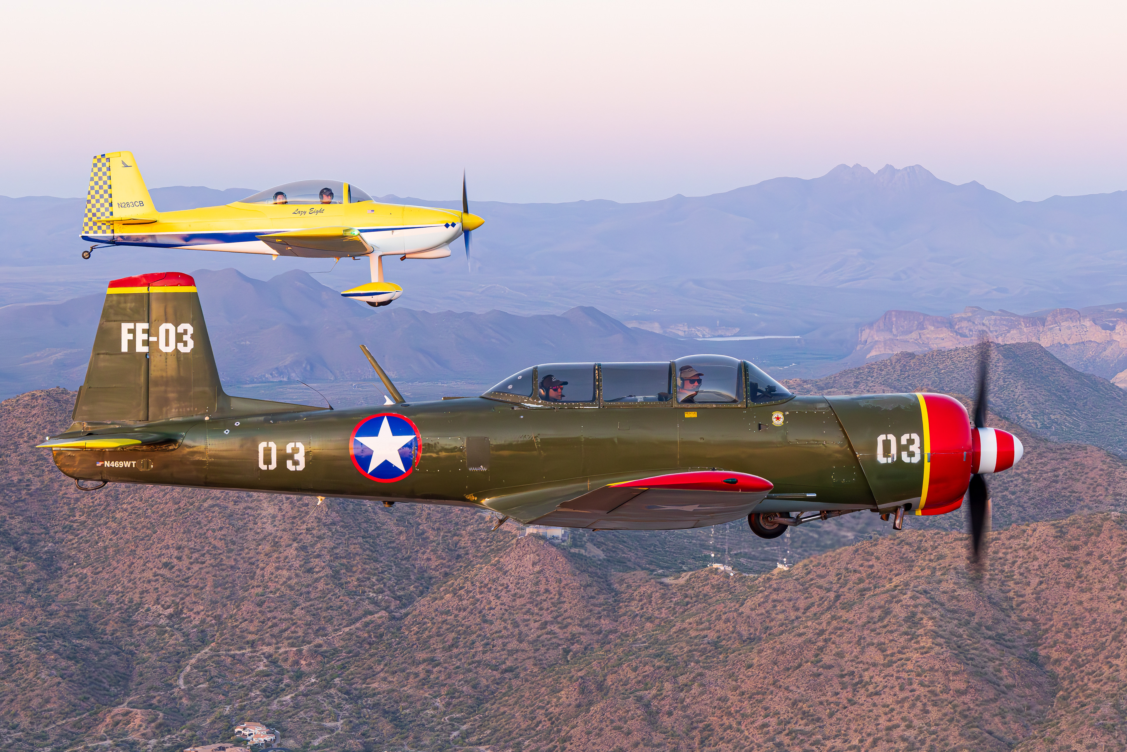 N469WT NANCHANG CHINA CJ-6A and N283CB Van's RV-8 air to air over the Superstition Mountains Arizona