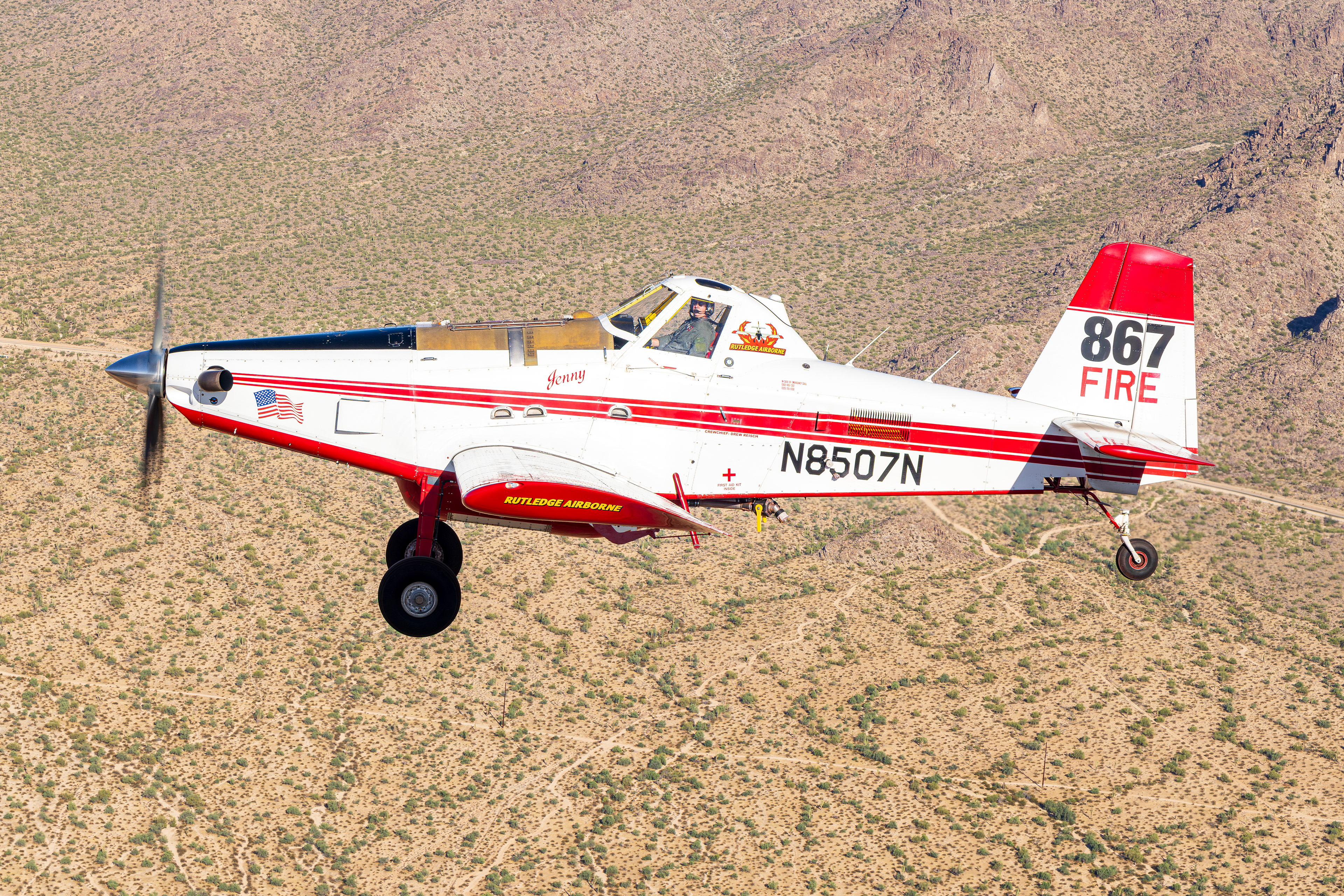 N8507N Fire fighter Air Tractor AT-802A air to air over the Superstition Mountains Arizona