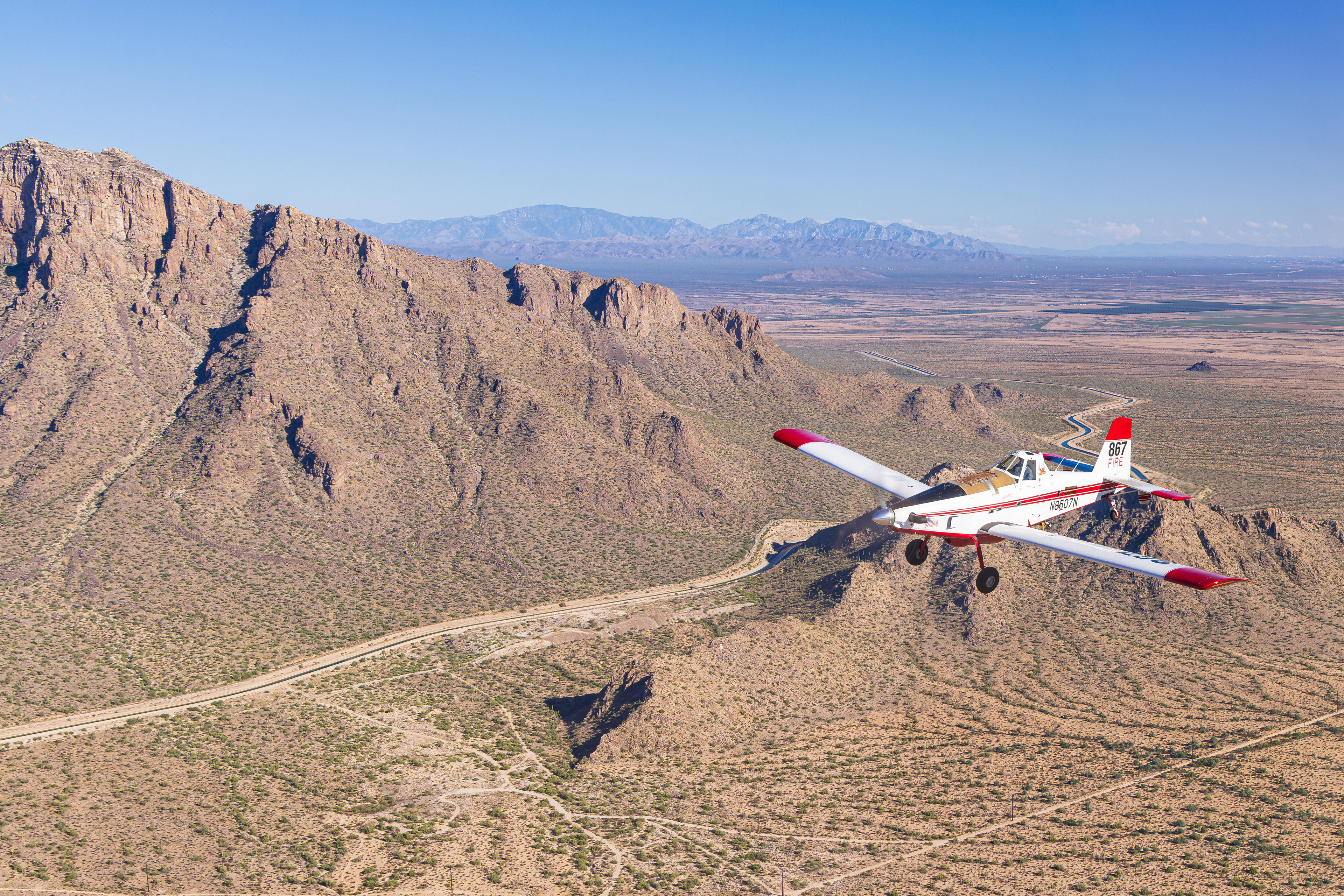 N8507N Fire fighter Air Tractor AT-802A air to air over the Superstition Mountains Arizona