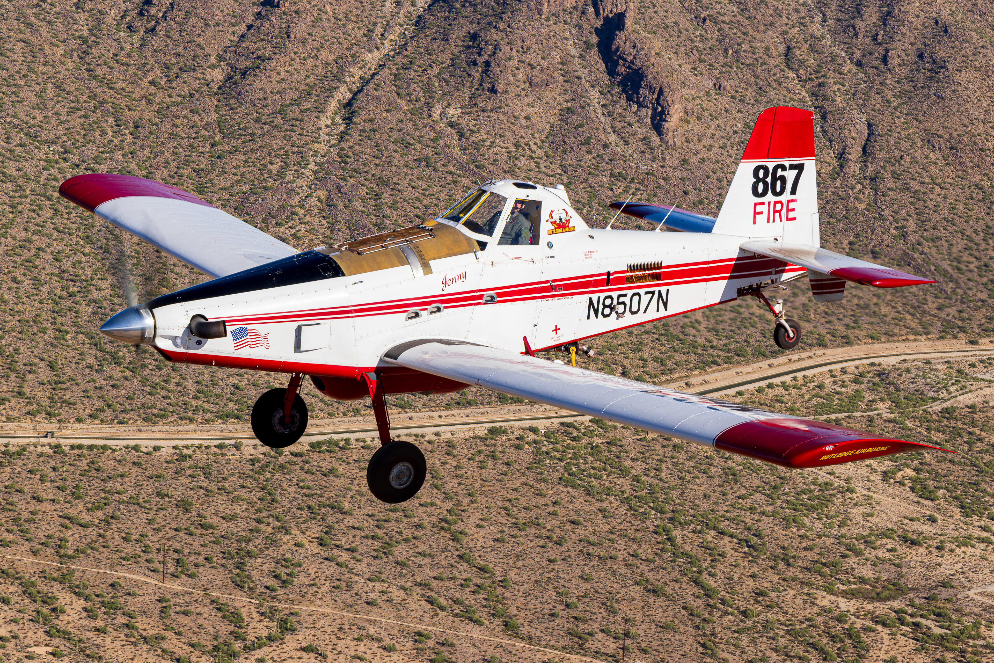 N8507N Fire fighter Air Tractor AT-802A air to air over the Superstition Mountains Arizona