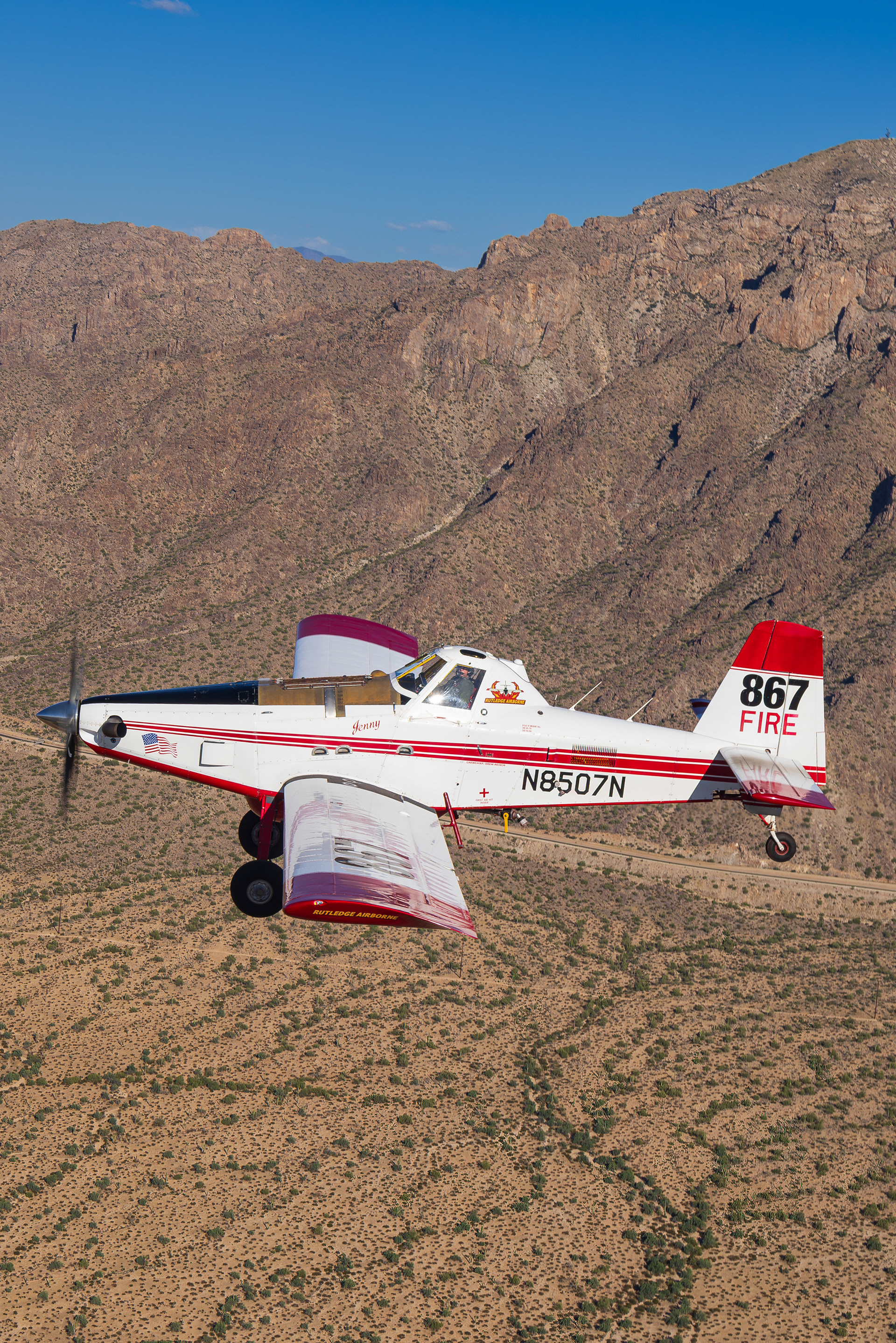 N8507N Fire fighter Air Tractor AT-802A air to air over the Superstition Mountains Arizona