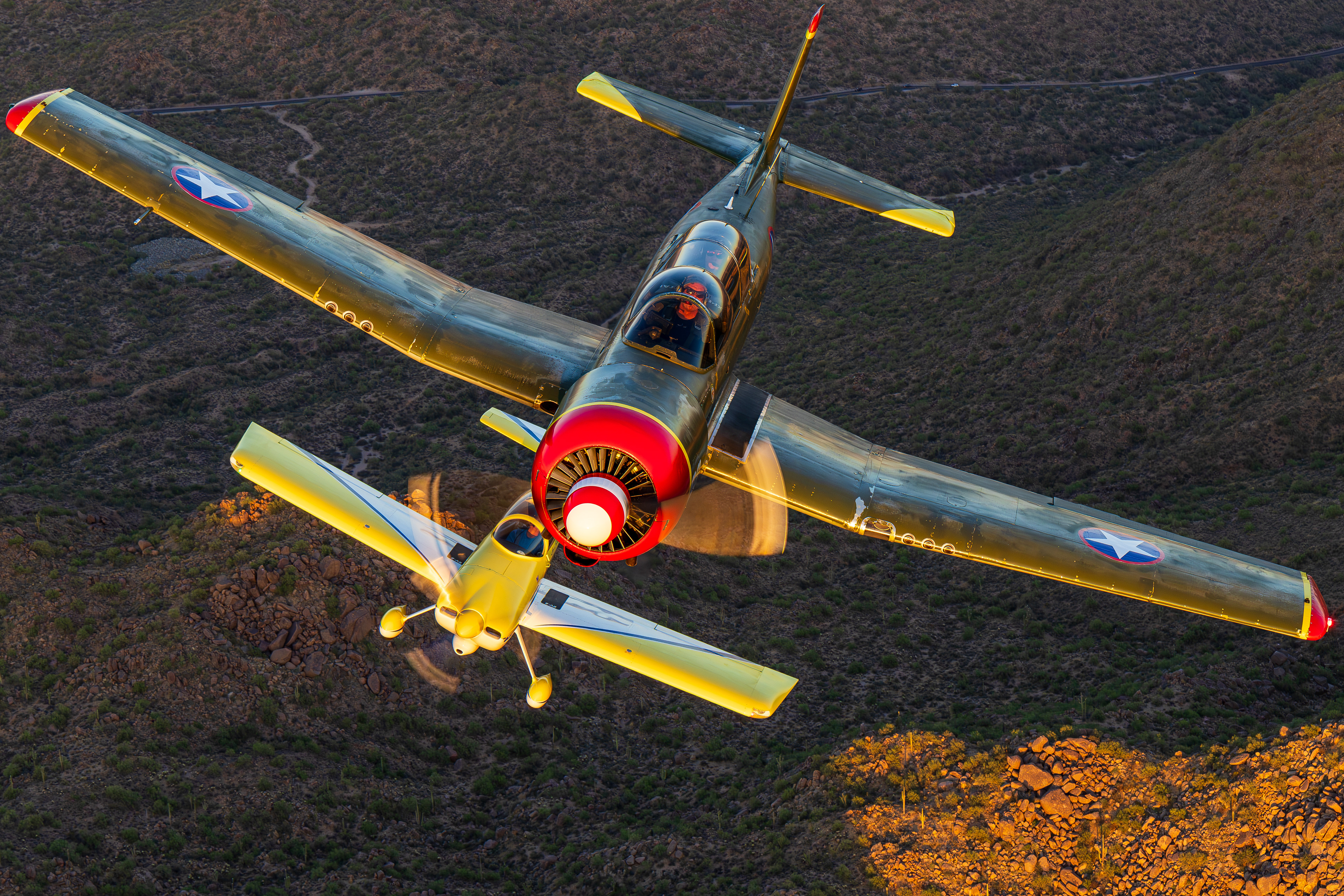 N469WT NANCHANG CHINA CJ-6A and N283CB Van's RV-8 air to air over the Superstition Mountains Arizona