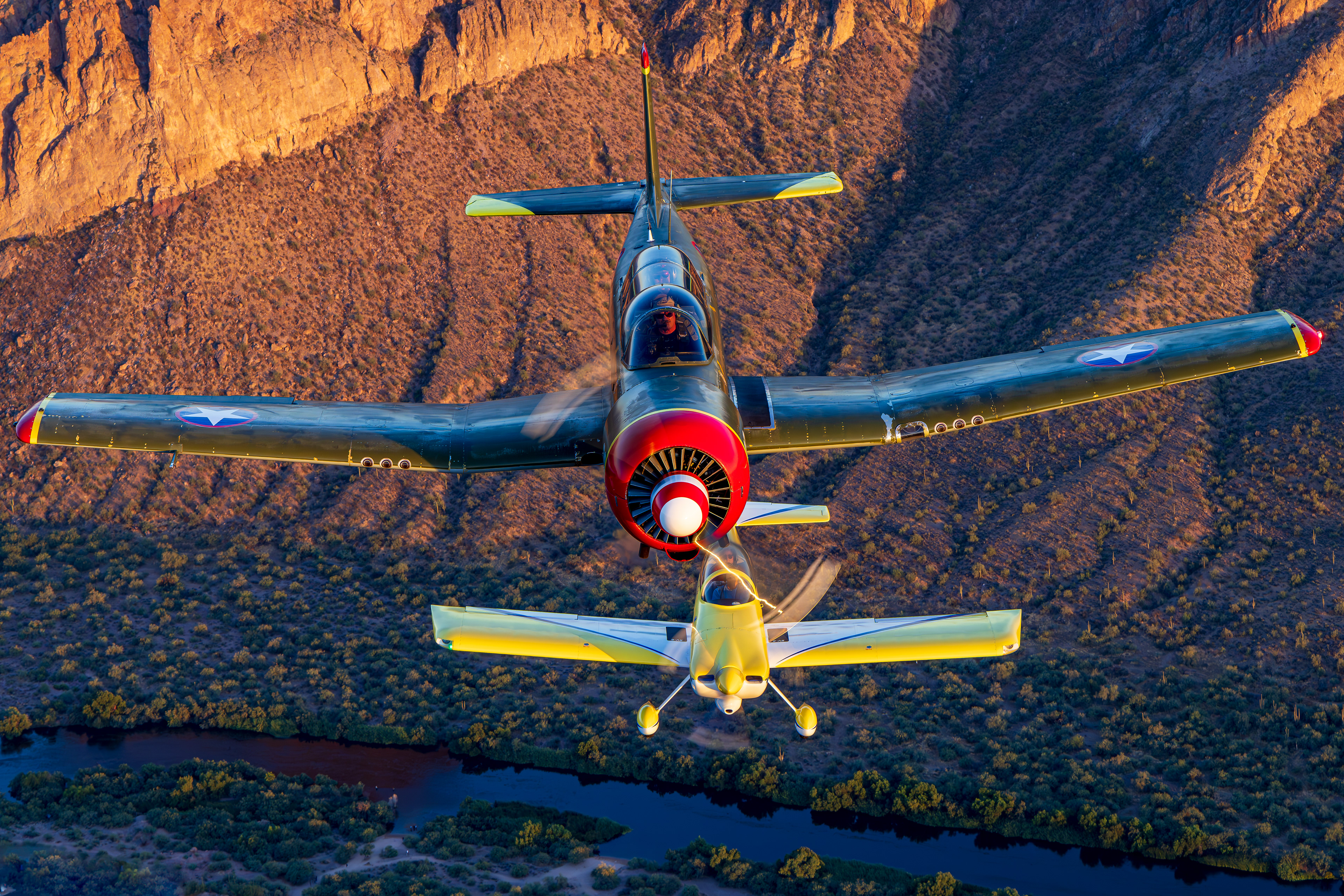 N469WT NANCHANG CHINA CJ-6A and N283CB Van's RV-8 air to air over the Superstition Mountains Arizona