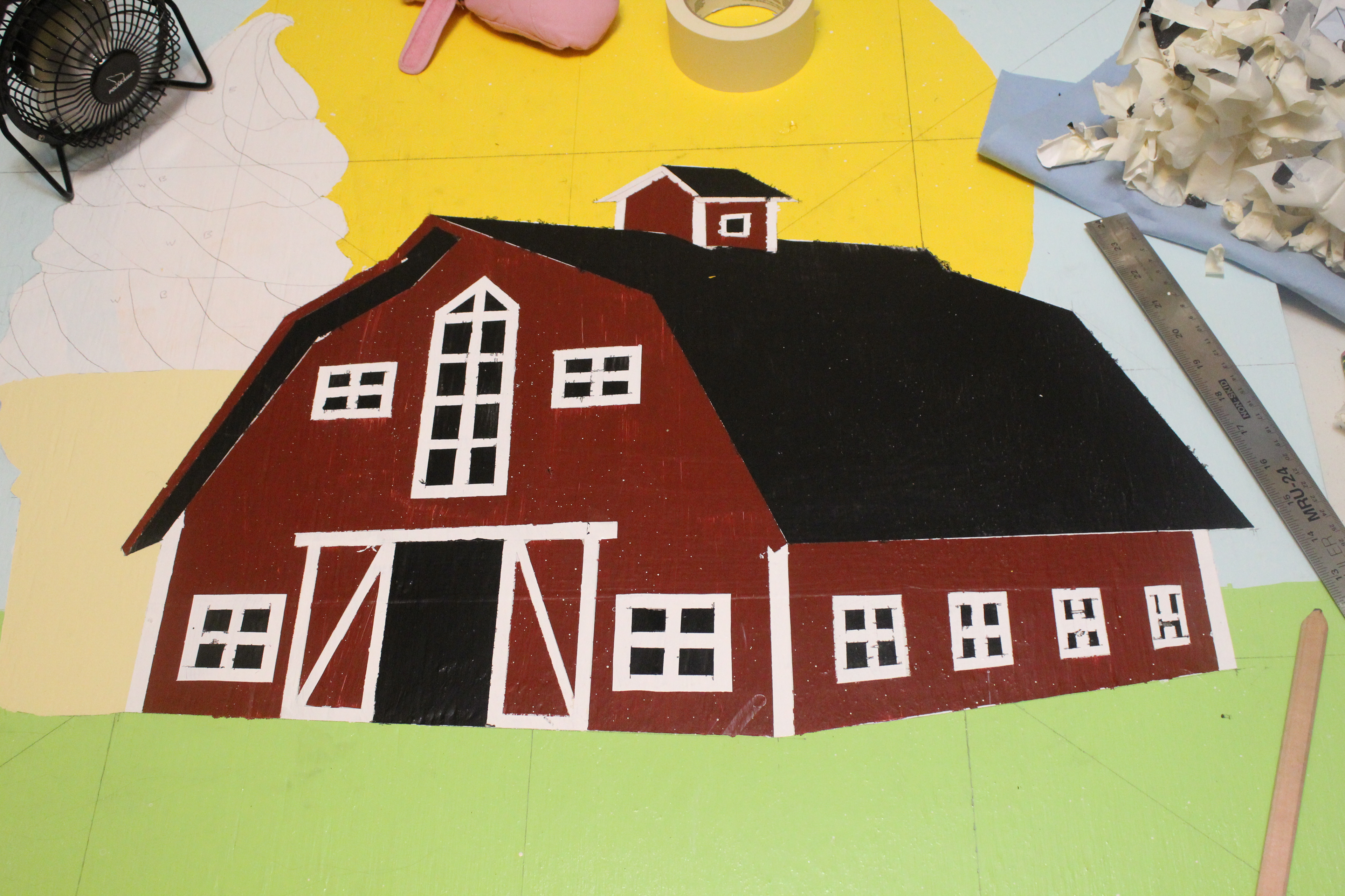 Dry time of several hours was required between each layer and color of paint. 