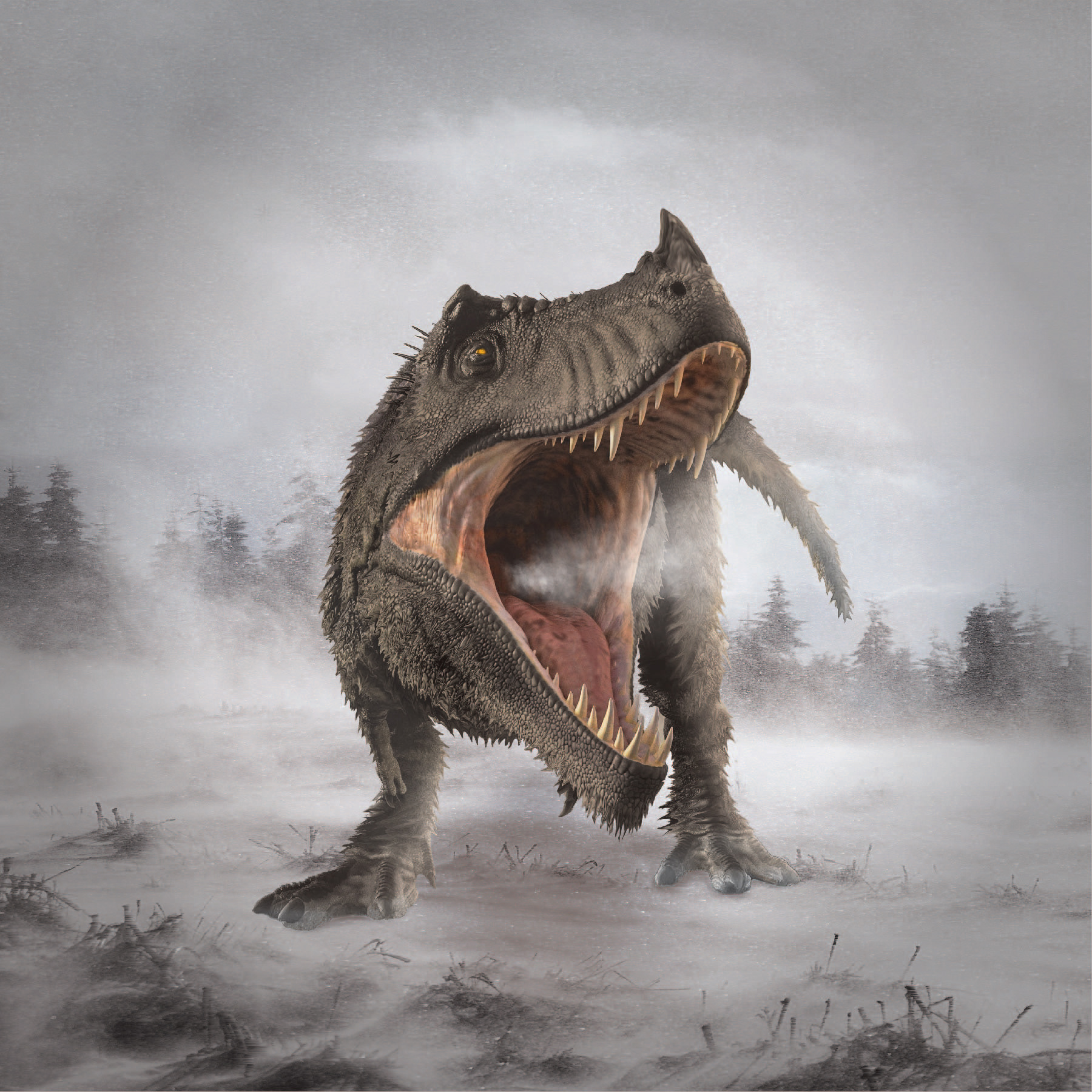 June 24, 2022 | After releasing our dino into its frigid habitat swept by an arctic storm, freezing its reeking breath, and pulling gray-black bristles from it's formerly smooth green hide, the scene and the beast are brought to life!