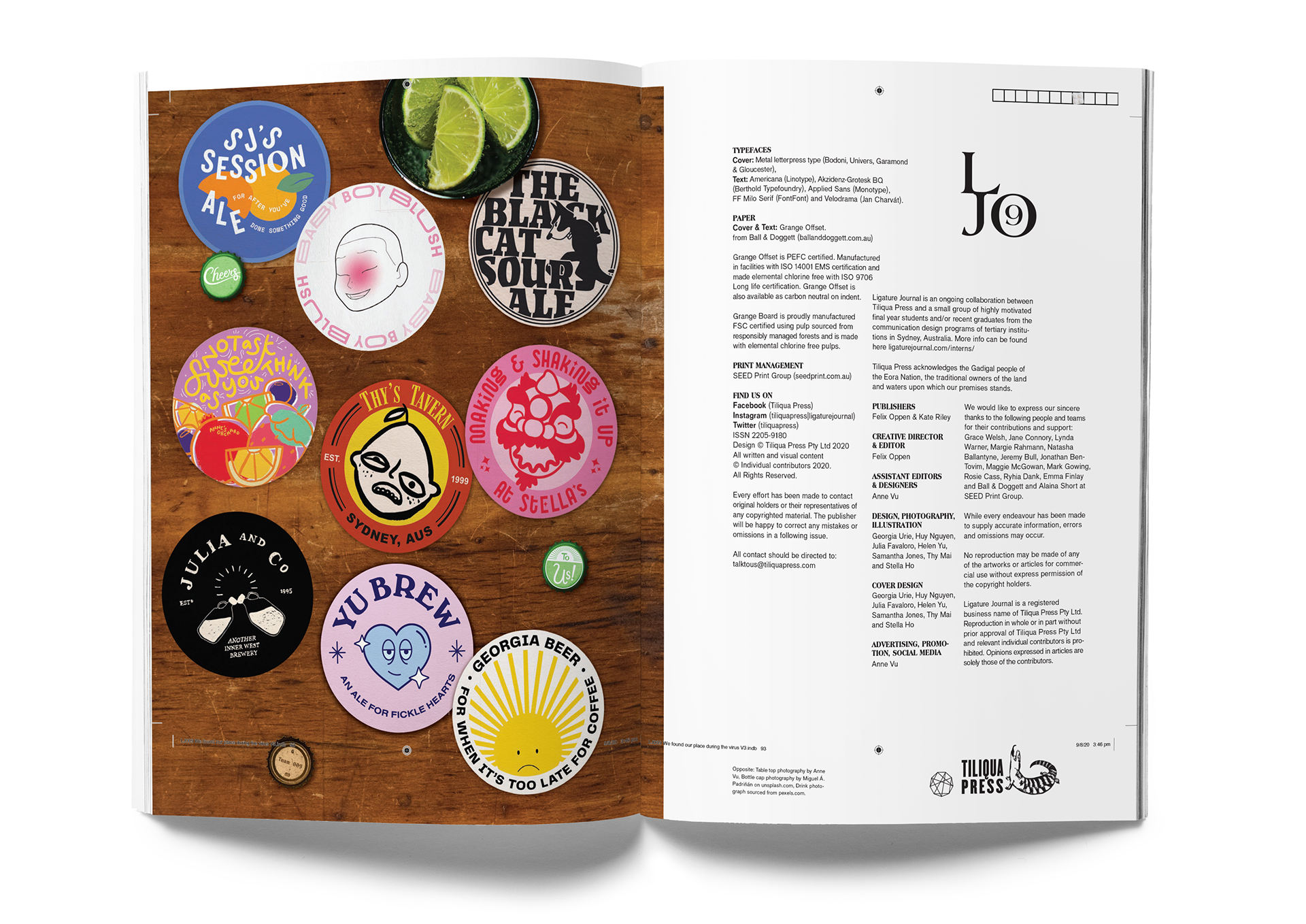 Coaster designs by the team of Issue #9. Typesetting, bottle cap calligraphy and image compositing by Studio Stella.