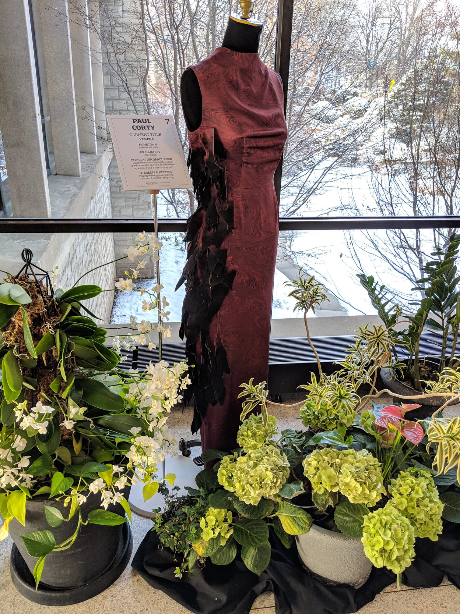 My look for the Cleveland Botanical Gardens fashion show: a zero waste column gown with beaded and hand painted cascade on custom printed silk charmeuse.