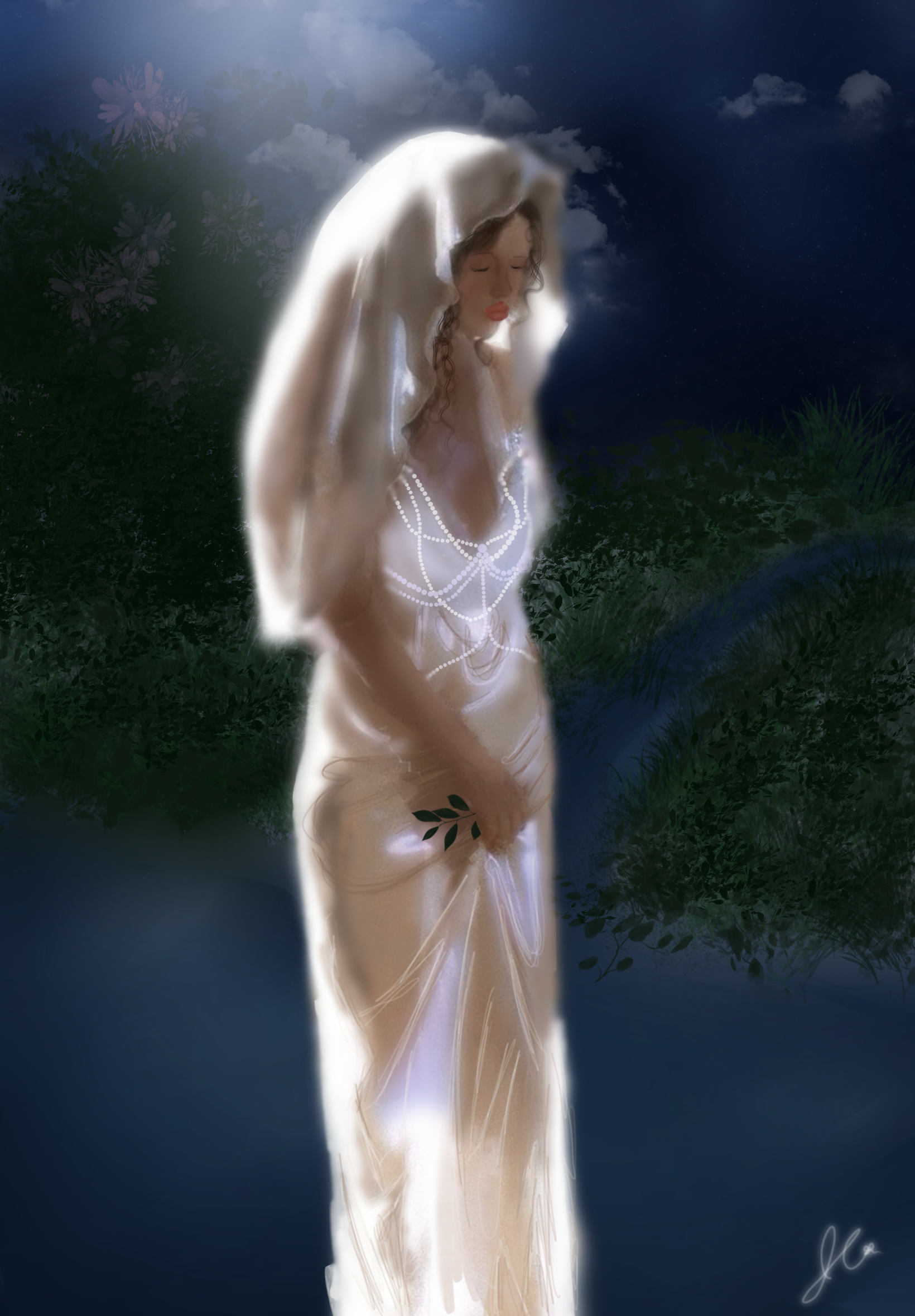 Jazarra Crane This is my most recent piece! I haven’t given it a name yet, I kinda forced myself to do it because I’ve had art block for a long time. But I saw a photo off a Pinterest similar to this and fell in love because of the Chapel veil. Tying to my religion so this one is kinda special to me, especially since she’s coming out of the water almost like a goddess and I see this peace as an overall ethereal experience.