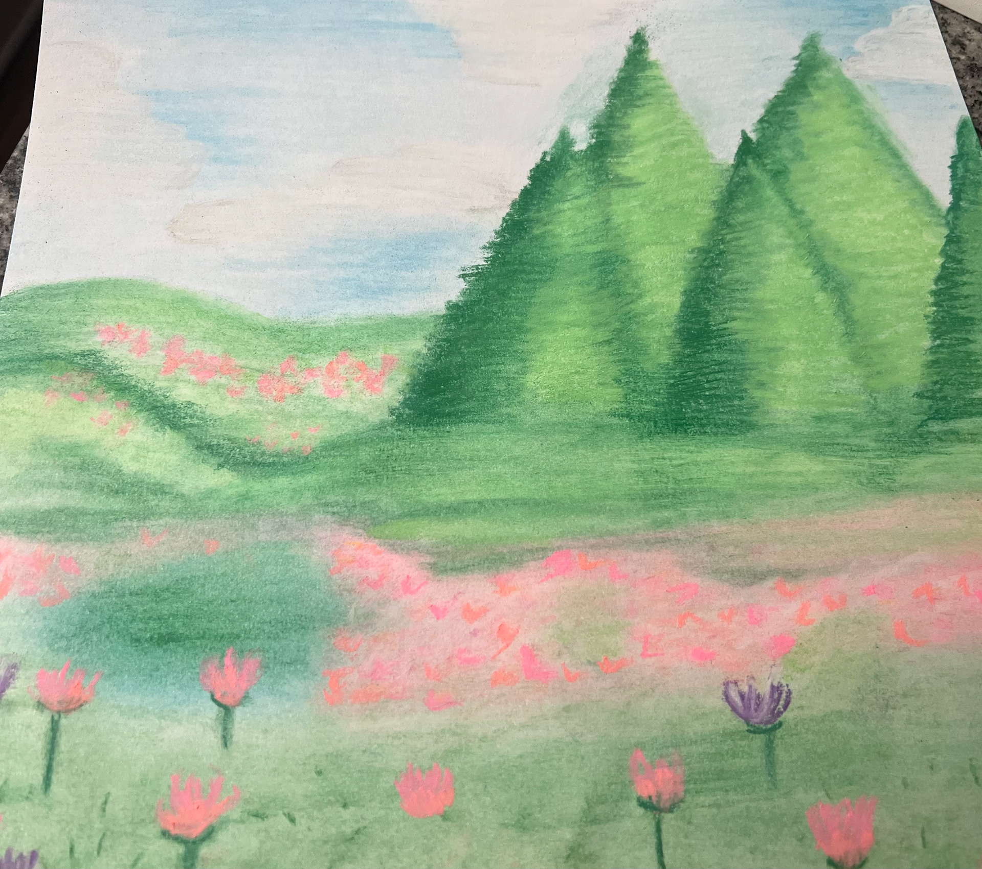 Jaidely Bonilla - Green Valley: I made the green valley at home with soft pastels. I was inspired because of spring and all the rain we been getting so our plants come out bright green.