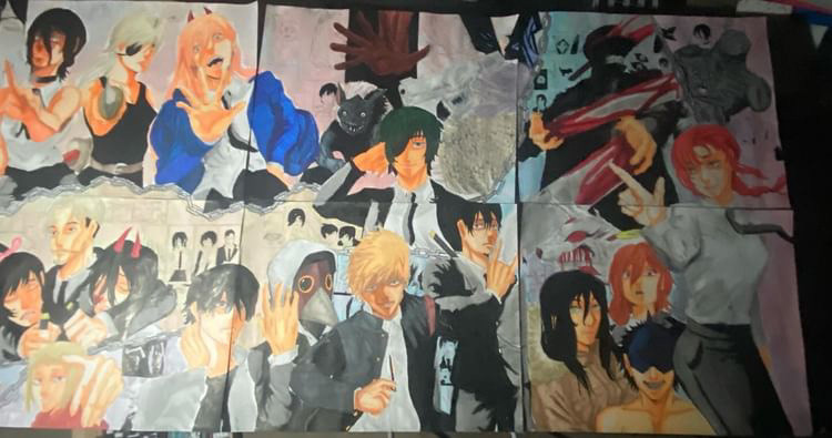 Patrick Okechukwu - Submission three includes six 22 x 28 inch poster boards. While this drawing is inspired from Chainsaw man, I decided to create most of the poses seen in the drawing in order to make it feel more dynamic.