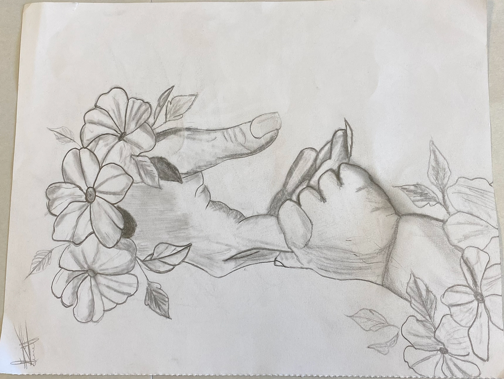 Franklin Suquilando - This pencil sketch shows the connection between new and old. The new creation of a child’s hand holding the mother's hand. 