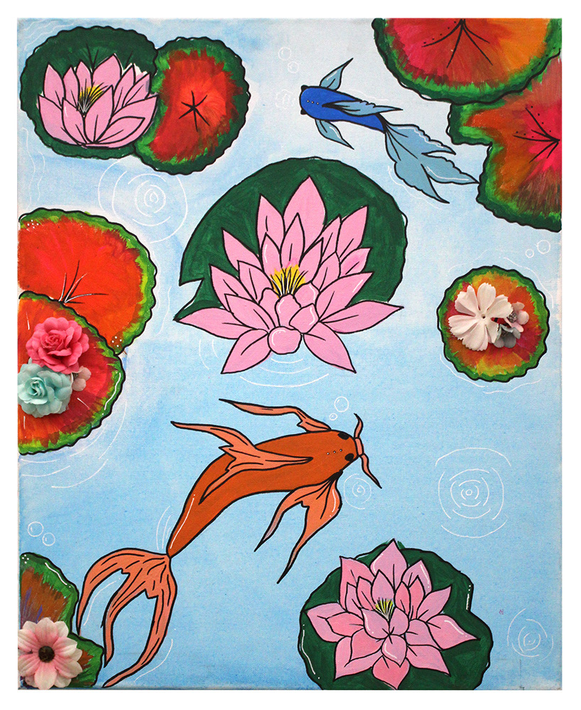 Liznette Mendez - This is my painting of two koi fish in a pond. I made the lily pads very bright and colorful because I wanted it to be different and more happy than just green. I wanted to add something that was 3D and that looked like it would go with this painting, so I put these fake flowers to throw in a twist. After I was done, I thought it looked plain so I added the two koi fish with bright colors to not make it look like a normal fish.