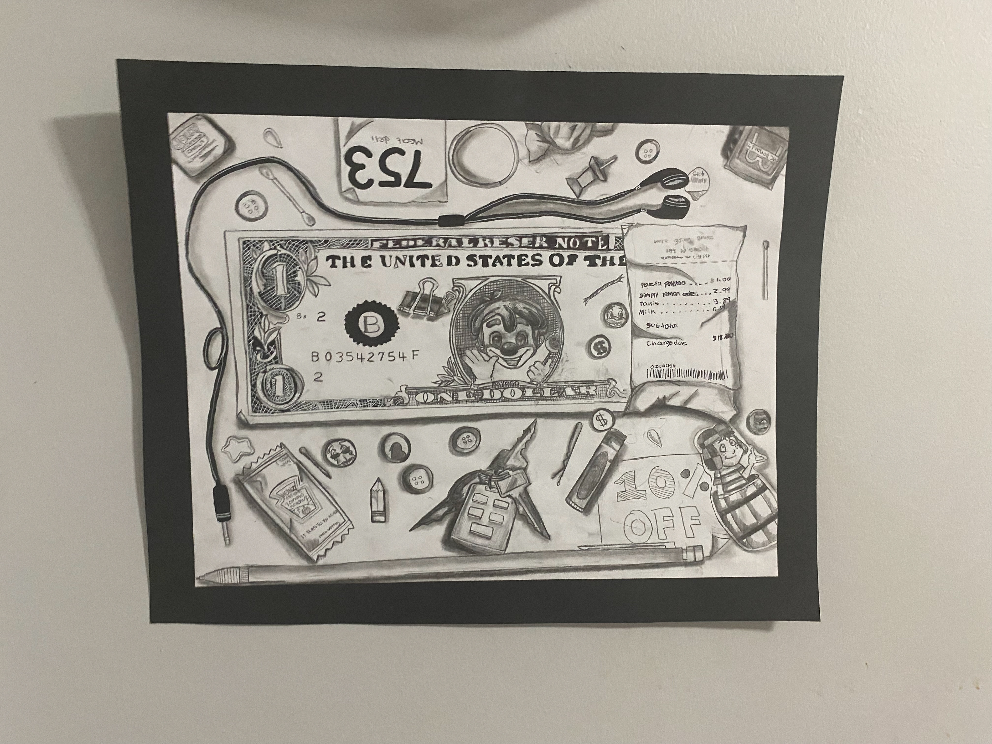 Jennifer Barrera - This piece is called “Our Parents Pockets”. I made this illustration using pen and charcoal. I took inspiration from the things I would find in my parent’s coat pockets as a kid. I was inspired to create this illustration to show how hard our parents work to give us everything we need in life even things that seemed so unimportant, silly stuff like candy and toys, giving us the childhood they wish they had, Giving us a nostalgic feeling from candy brands and cartoons we would watch. From bathing us with the soap they bought for us to be clean to sending us to college with the money they saved for us wishing for us to have a better life and opportunities they didn’t