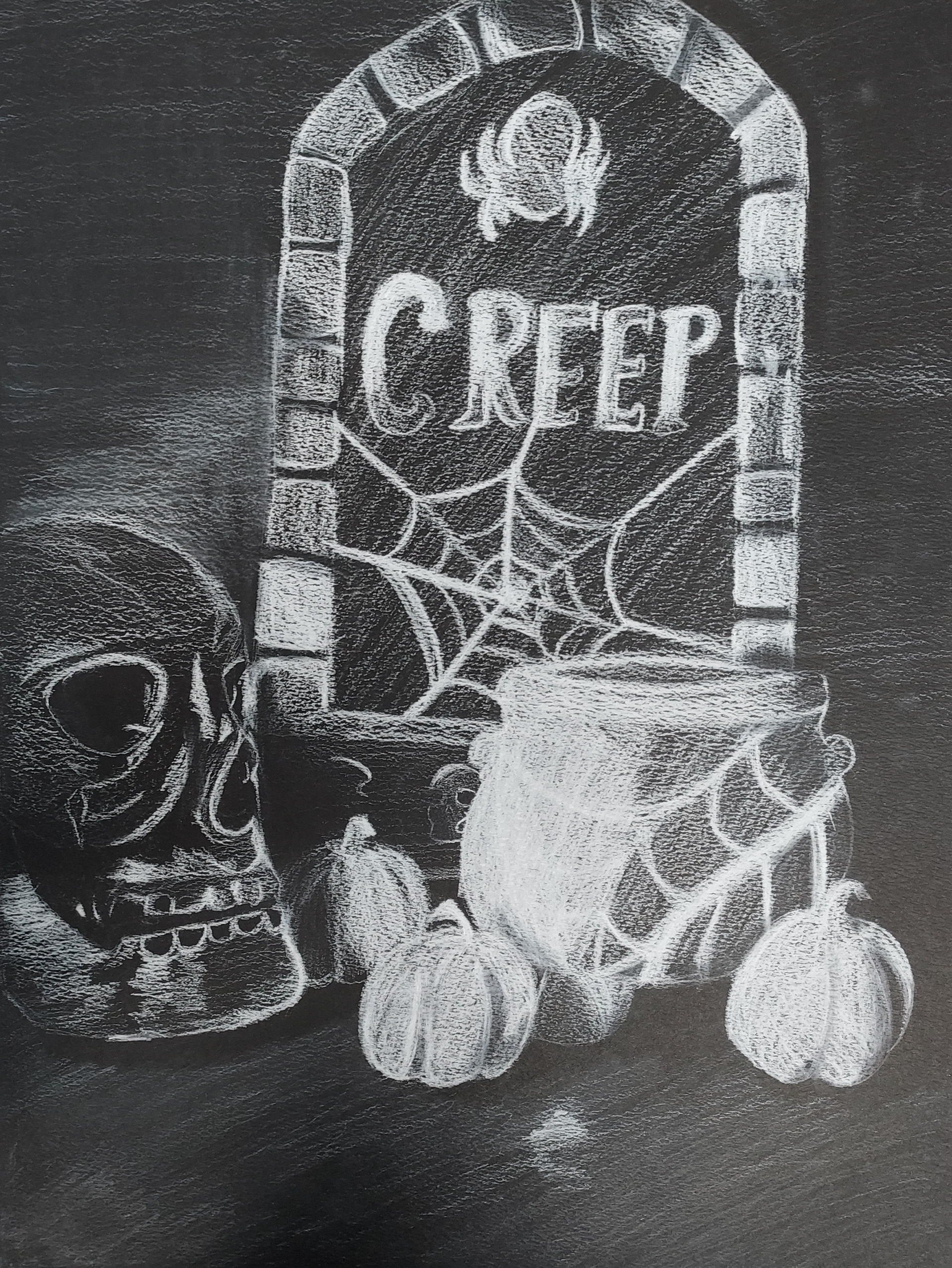 Breanna Saez - Inspired by the halloween season, I put together a miniature grave site and replicated the scene in white charcoal.