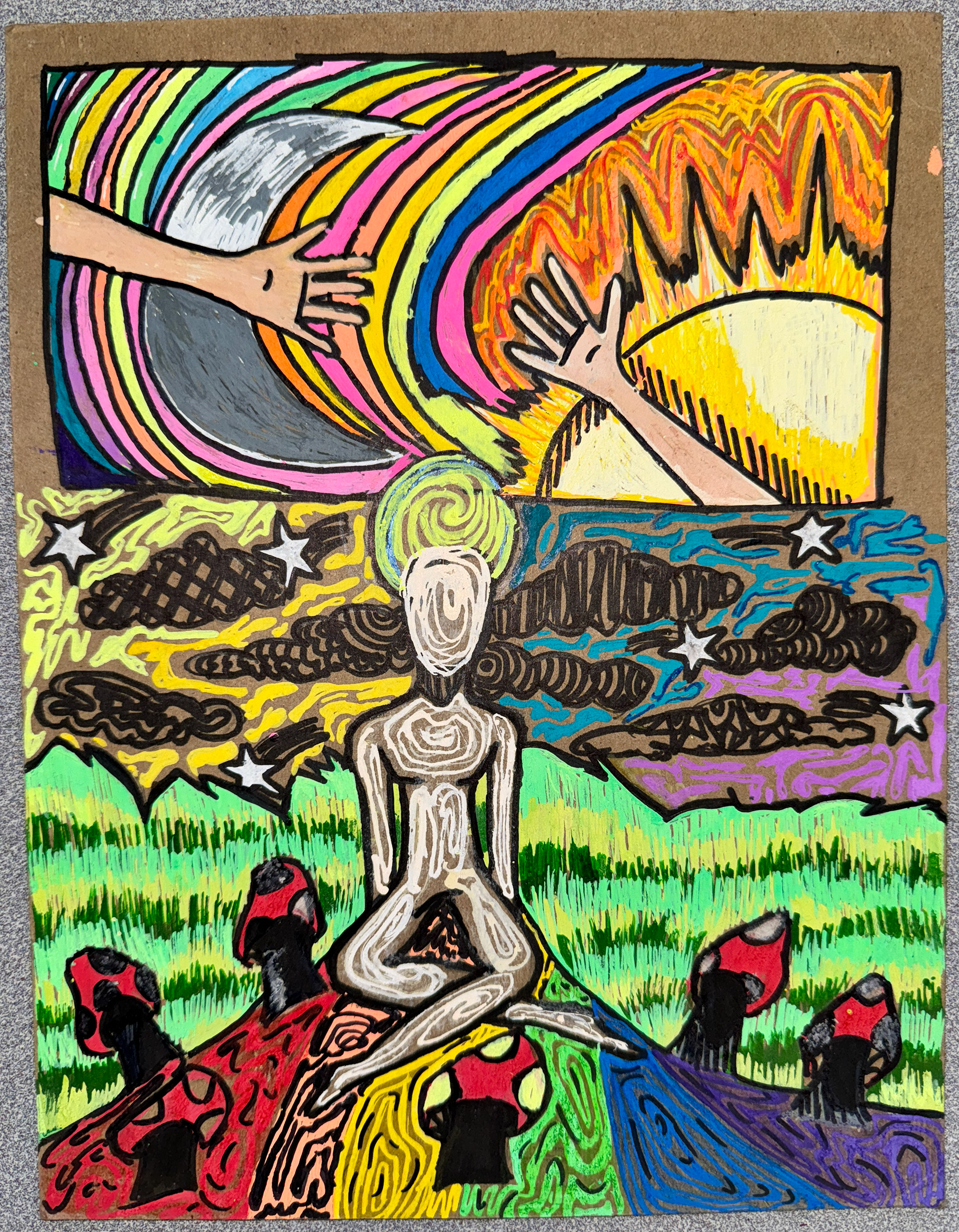 Kiara Payne - Made with Acrylic and cardboard, this peace emphasizes peace and unity through it's electric feel, vibrant neon colors, meditating figure and reaching hands.