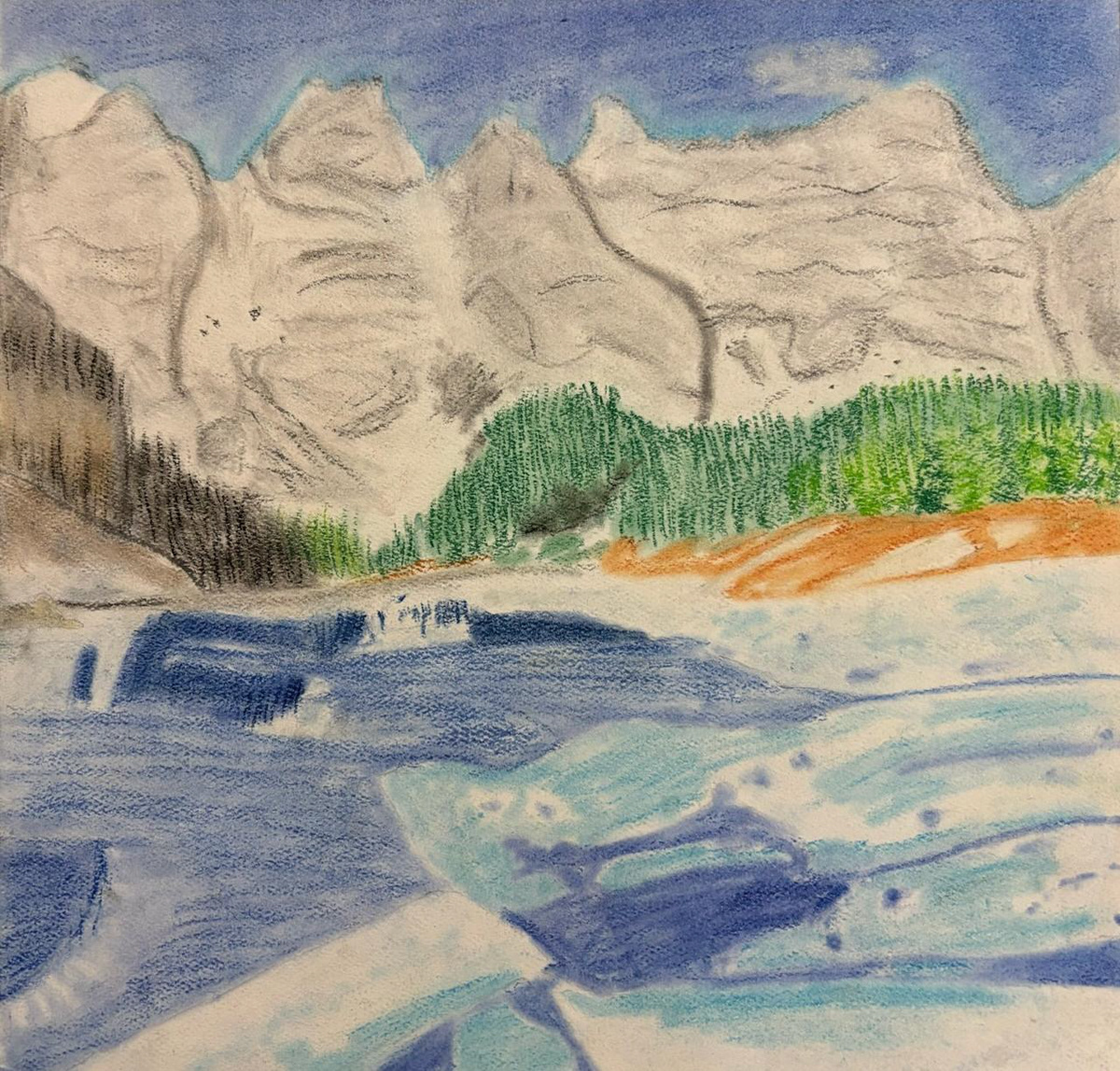 Sophia Simanis - My artwork was inspired by a photo from a calendar of snowy mountains. I used soft pastels because they were easy to use when blending the colors.