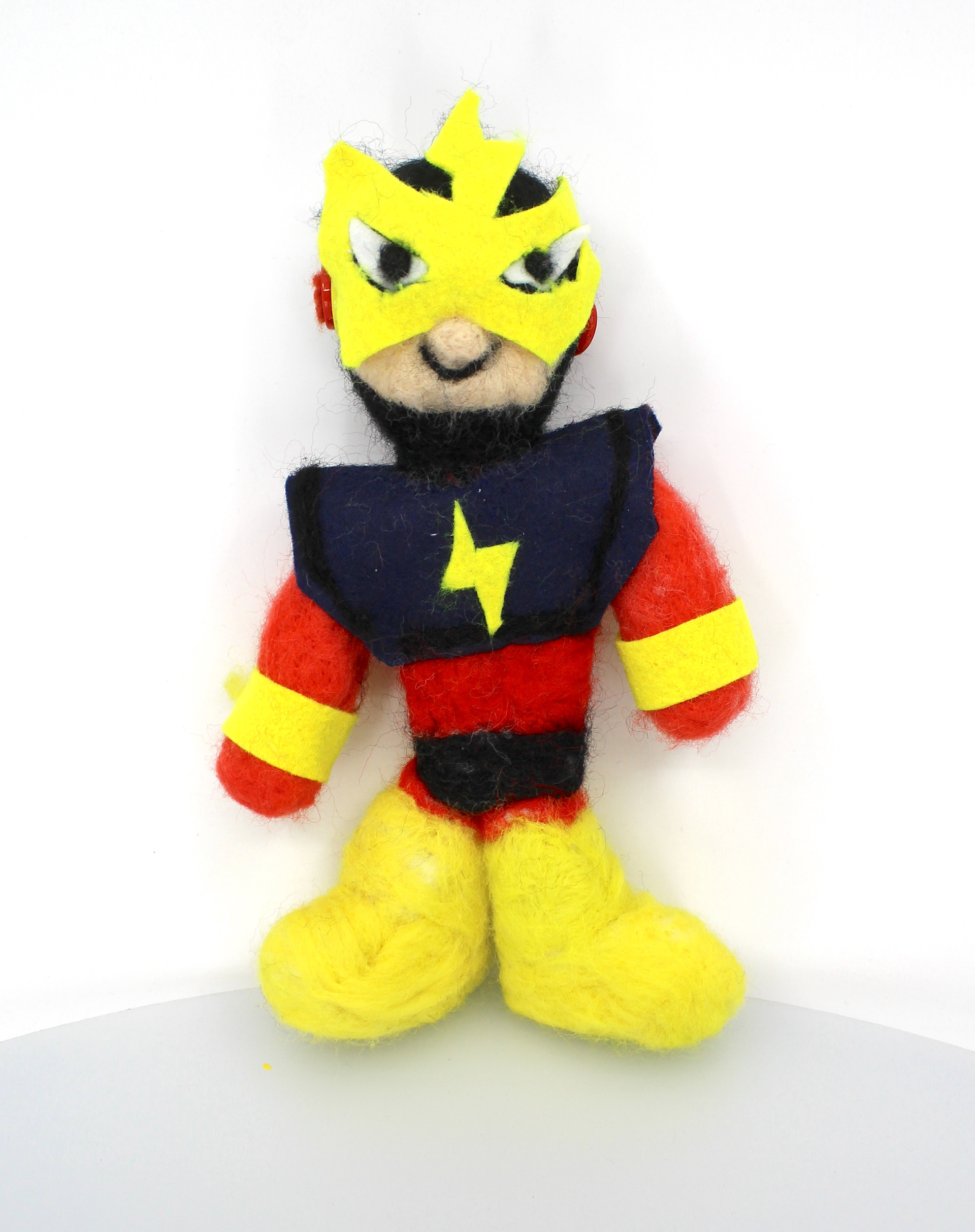 Rafael Rolon """ElecMan"" - Mega Man Electric-themed Robot created by Dr. Light. His thunder beam can shoot in 3 directions at once! I created this sculpture using needle felting wool, buttons and felted sheets."