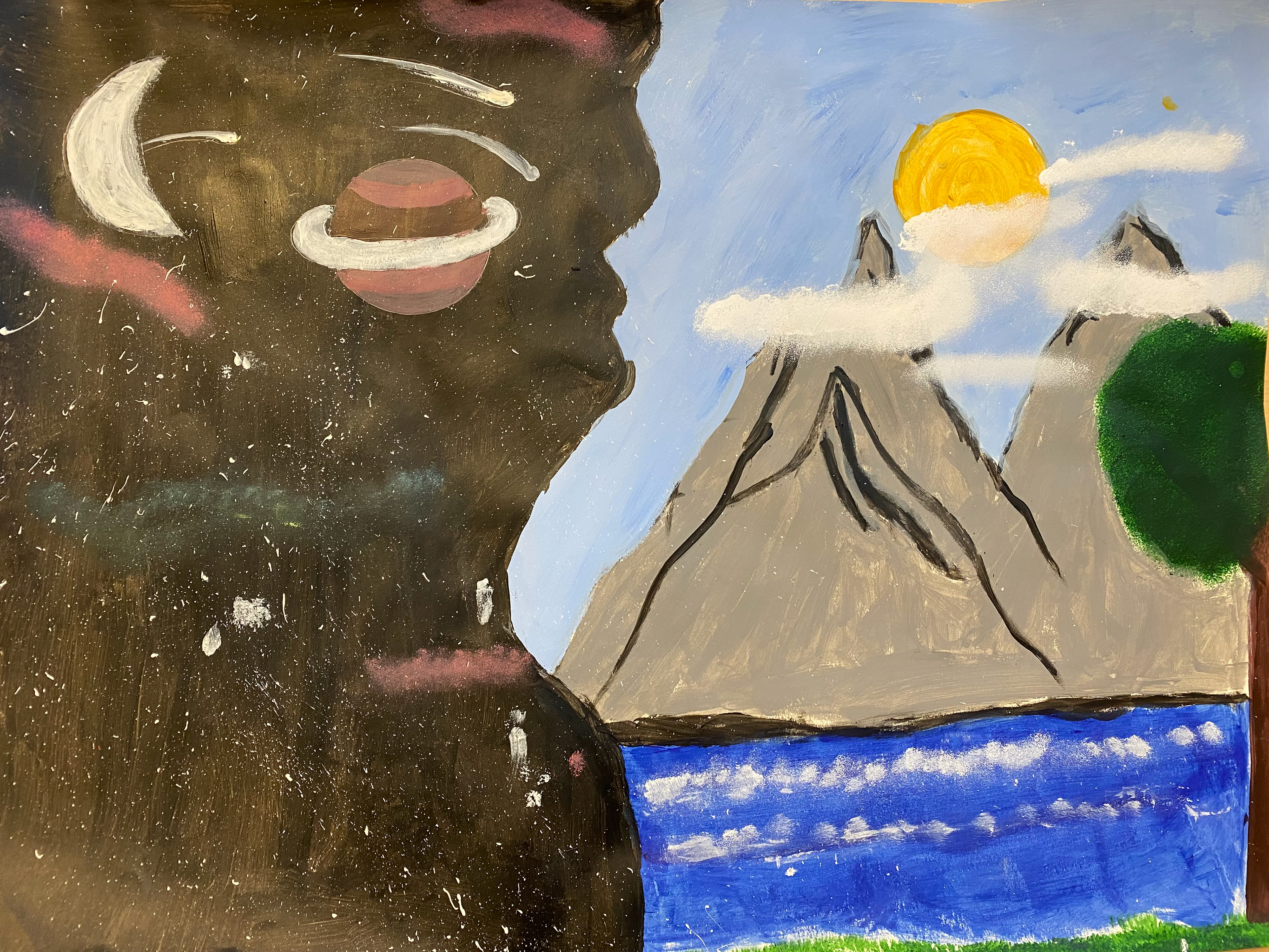 Roger Penaloza - I was thinking of making a dark side and a light side of the planets. So I came up the idea of the light of earth and the darkness of space. I drew the landscape of my painting first and I used acrylic paint from art class to create my painting. My message of my painting is that mother nature does a lot of things for us and space created stars to light up the darkness. 