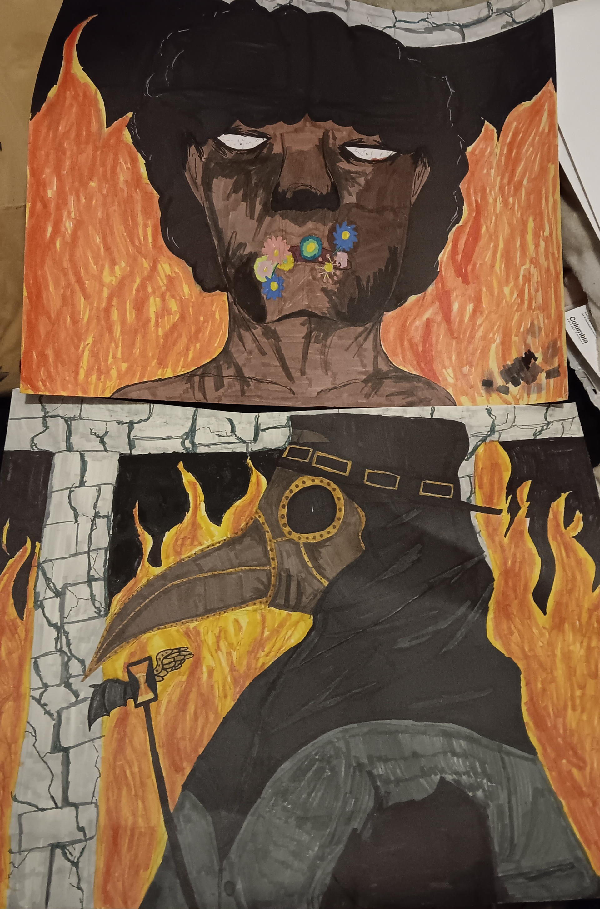 Jaela Roberts - The forest is a a painting me and my mom worked on together I did one said and she did the other side and it was a good bonding experience for us as I do art and things a she doesn't so it was fun for her to learn. The plague doctor was based on how fascinating I find the black plague as I've done multiple essays on it and I've always found it so interesting so I drew a plague doctor and someone with the plague to show my interest. The canvas is of one of my Oc's who originally had a very regular face but due to recent events that's not the case anymore but Despite everything it is still him.