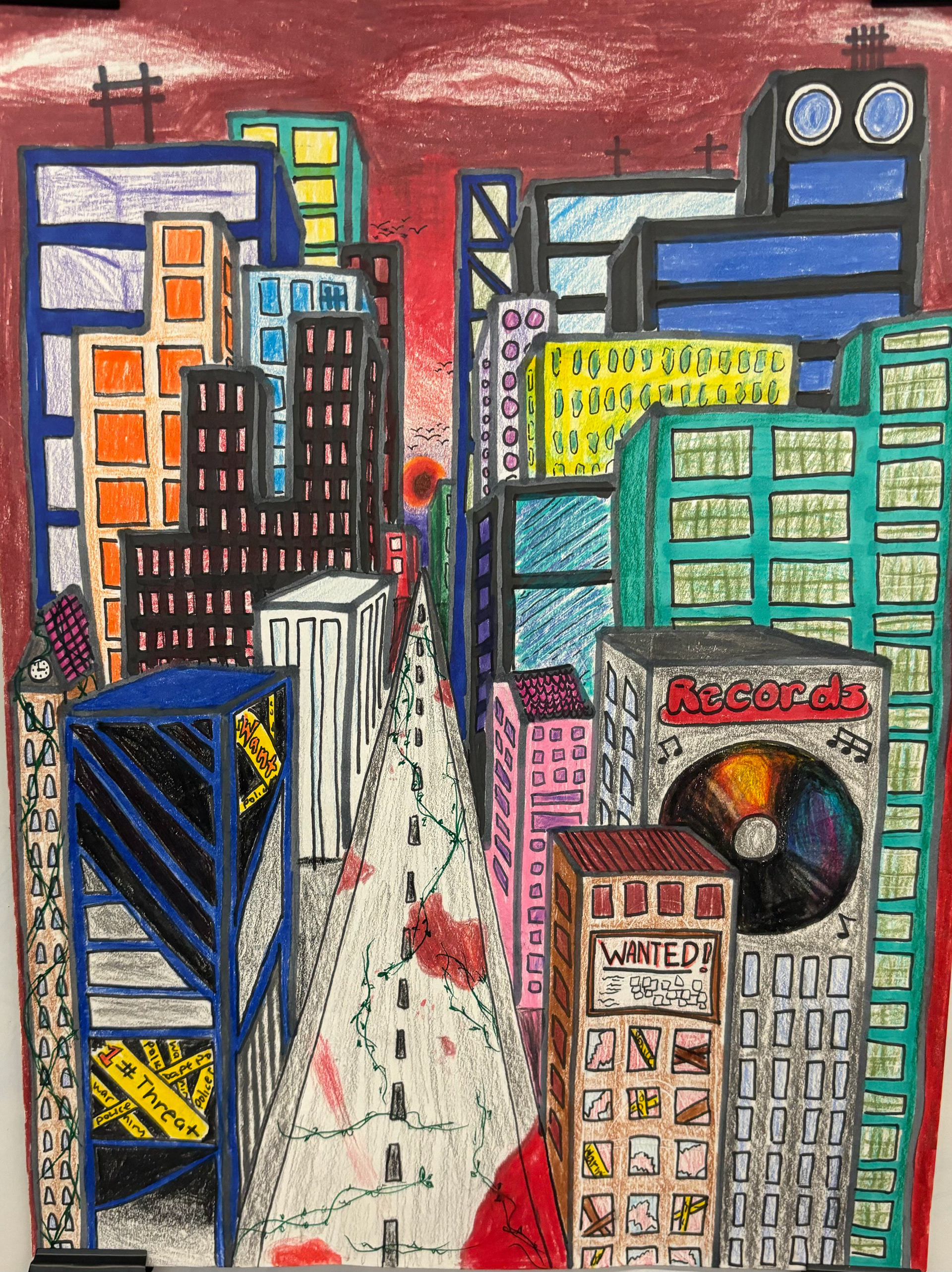 Kelly Huang - It is a one point perspective city. Highlighting a record shop. It is called dystopian nightmare.