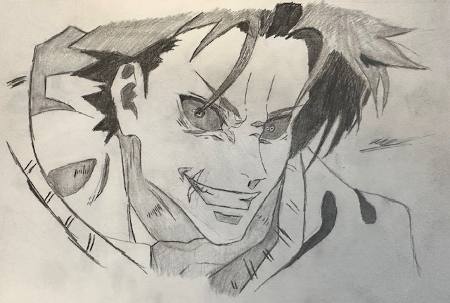Marco Campos - For my drawing, I was inspired by my favorite show called Jujutsu Kaisen. I love the design out of it so I referenced one of the characters for my personal drawing.The materials I used were only a sketchbook and a pencil.