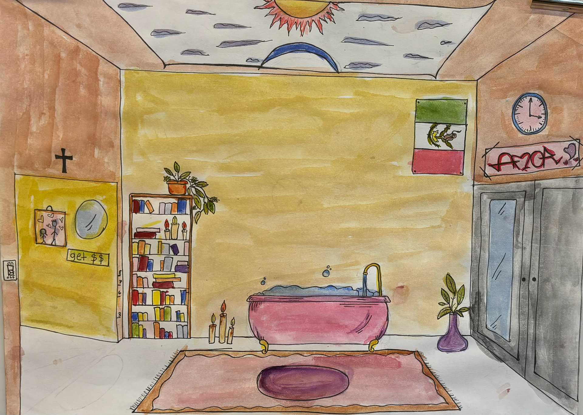 Dayami Cuevas Sedano - One point perspective room water color.
