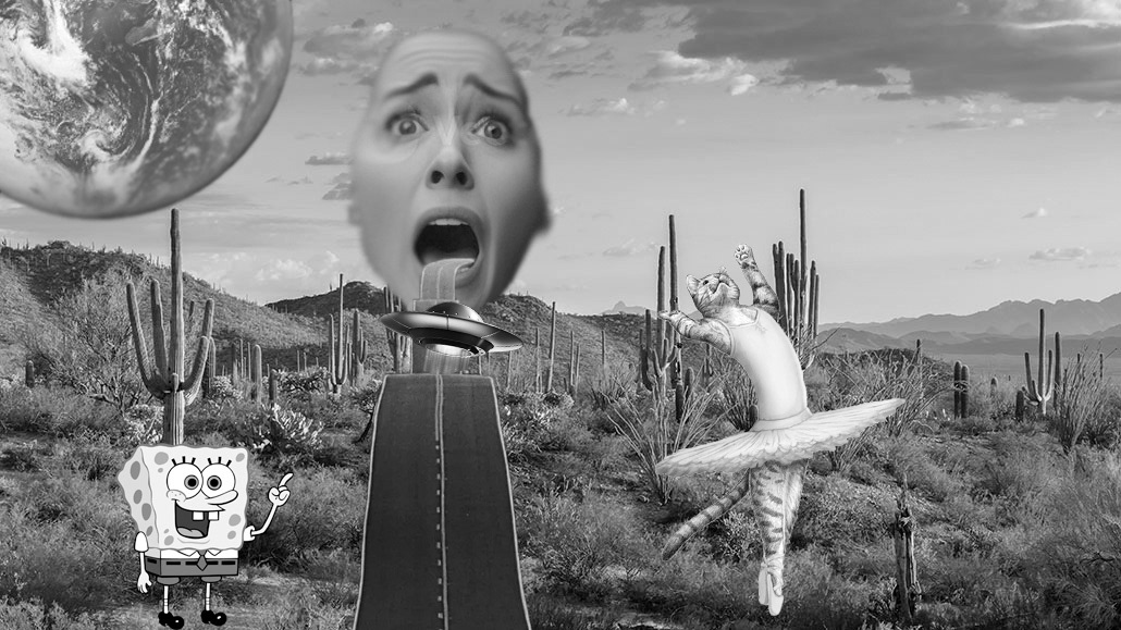 Anisa Castillo EXHIBIT "My piece is an black and white surreal collage. The odd elements I put into my piece such as the cat as a ballerina, spongebob in the desert, the road going into the ladies mouth, the earth, and the UFO floating, as if its “driving” towards the woman’s mouth. I blended the woman’s face so it doesn’t bold out the sky and rather blend in with it. I put the spongebob in the desert because the spongebob would dry out if he’s not in the water, which a dessert doesn't have.  The random cat in the ballerina outfit will catch the eyes of the viewer and understand how odd this piece is. The ufo on the road is heading to the woman’s mouth rather than planet earth, in addition, it’s placed on the road  as if it’s driving but it's not. All of my odd elements show how surreal my piece is and is achieving the purpose of my piece as I chose dislocation, transparency, levitation, and other surreal devices. "
