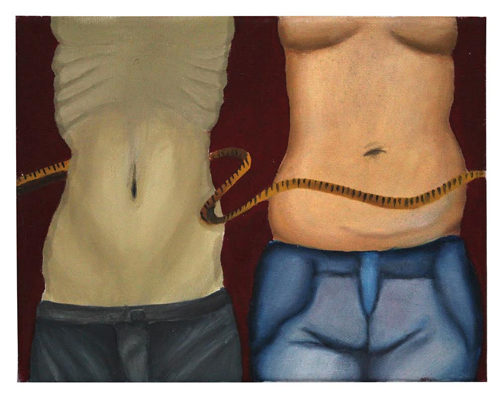 Nicole Macias - You’re So Skinny : This painting, created using both acrylic and oil paints, depicts an insecurity which many women including myself experience. As someone with an eating disorder, body weight and size is constantly controlling our minds and perspective of ourselves. No one knows what the “perfect” body looks like, and this piece uses two opposing body types to show that contrast.