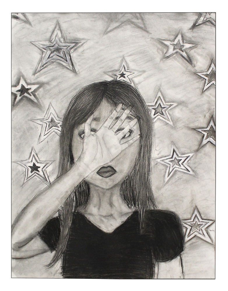 Jimena Tabaoda - My self portrait is made out of compressed, vine, and white charcoal. This drawing represents the feeling I often get of wanting to hide who i am from people. The stars in the background represents a feeling of not belonging with other people who stand out in a crowd and aren’t afraid to hide who they are.