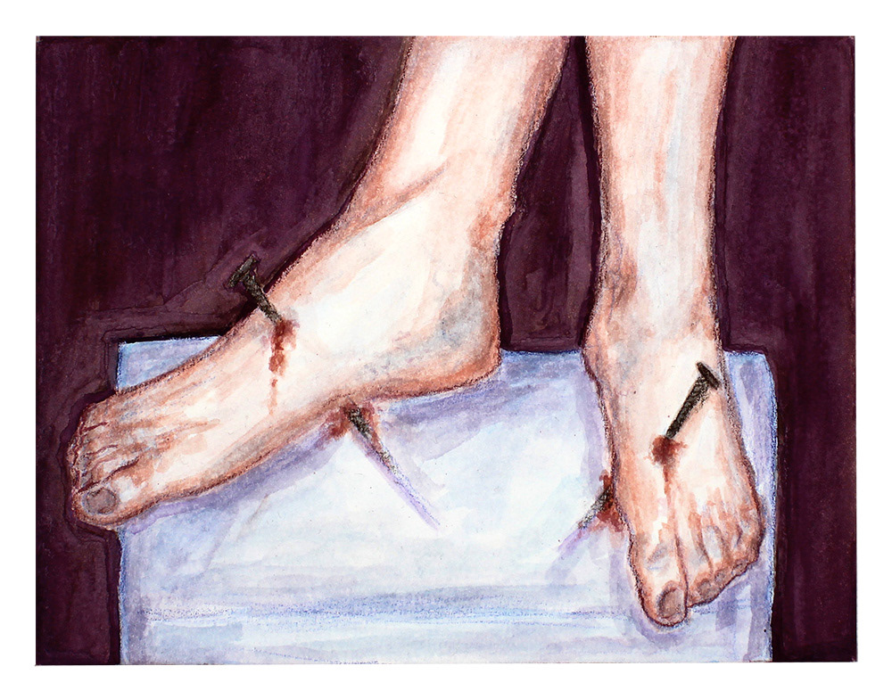 Aylen Morales - “Fear me” This painting is influenced by the very taunting and immense pain I’ve felt when suddenly getting foot cramps. There’s been times where they’ve happened on amusement park rides and after any sort of dancing, exercising, etc which in turn has limited me from pushing myself further. The nails impaling my feet shown in the painting is a direct representation of the sensation both literally and metaphorically as in one case it serves as a way to convey the pain but in the other sense it conveys the feeling of being stuck in place due to its being. I used techniques like wet-on-wet, layering, and underpainting.