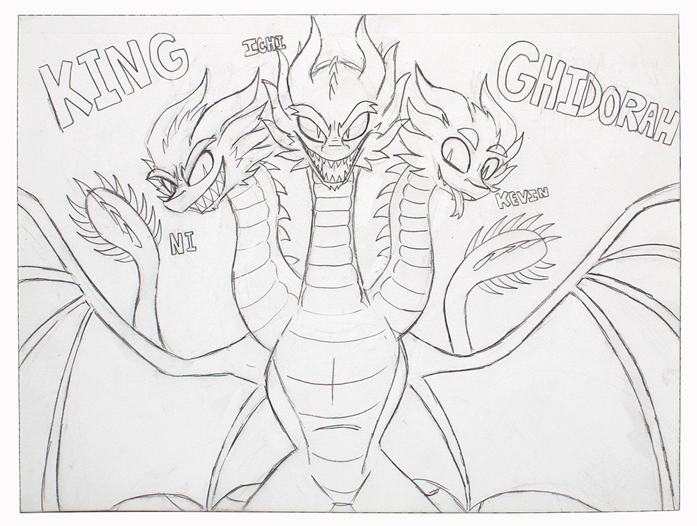 Crystal Zamudio - Sketch of King Ghidorah from Godzilla: King of the Monsters This is a sketch of a kaiju character from my favorite movie called Godzilla: King of the Monsters. What I use in my art piece is sketchbook, eraser and pencil to sketch. Dragon characters were a bit challenging but I managed to use it in my style to make it easier.