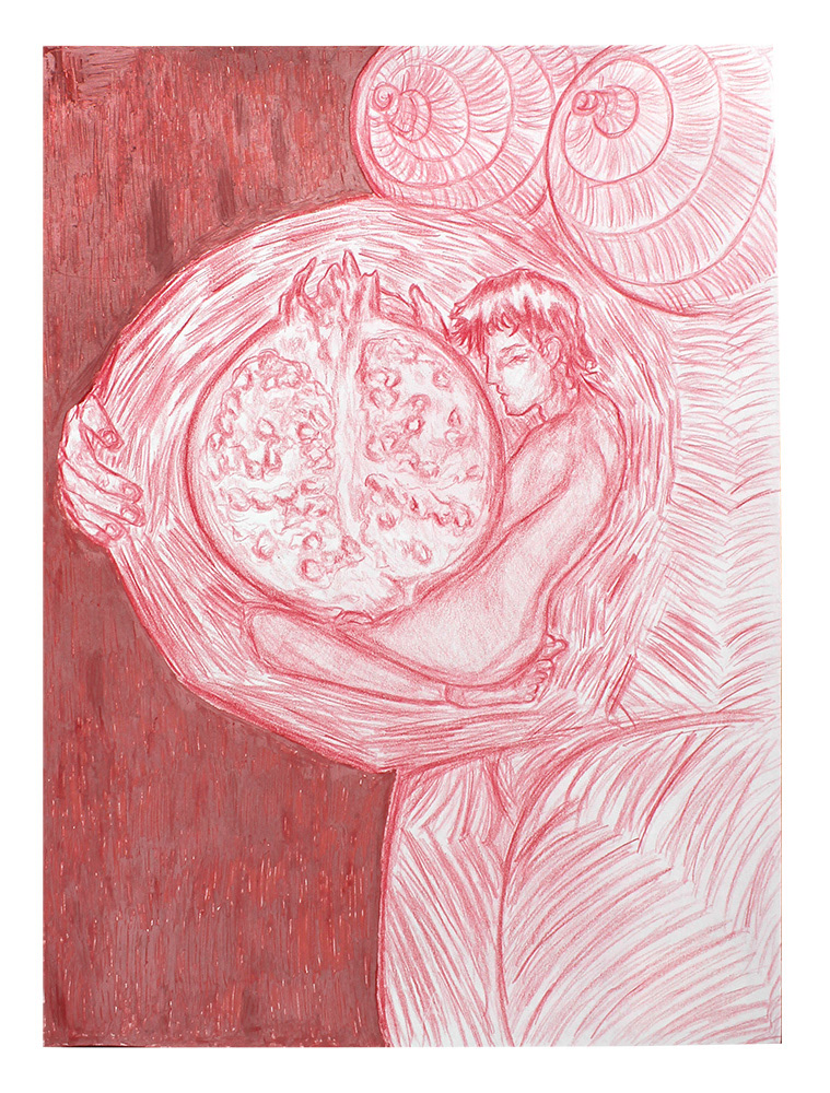 Aylen Morales - “First Seed” This drawing was inspired by the symbolism of fertility held by pomegranates. I wanted to convey the bearers body as almost that of a tree in which the pomegranate grows from. The materials I used for this piece were a red mechanical pencil along with a red acrylic paint marker. Techniques I used were hatching, and blending.