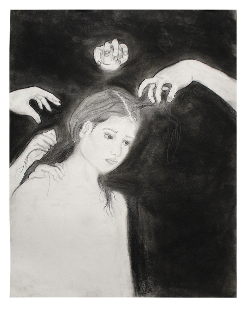 Jocelyn Barajas - "Behind your Touch" My self portrait demonstrates the emotion behind the scenes when I am touched. It portrays deep emotion that could be seen in my facial expressions.