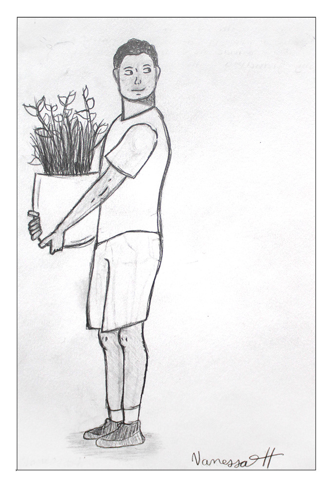 Vanessa Hernandez - This was the first time I was able to draw a person without it looking weird. It also reminds me of my brother helping my grandma with her plants.
