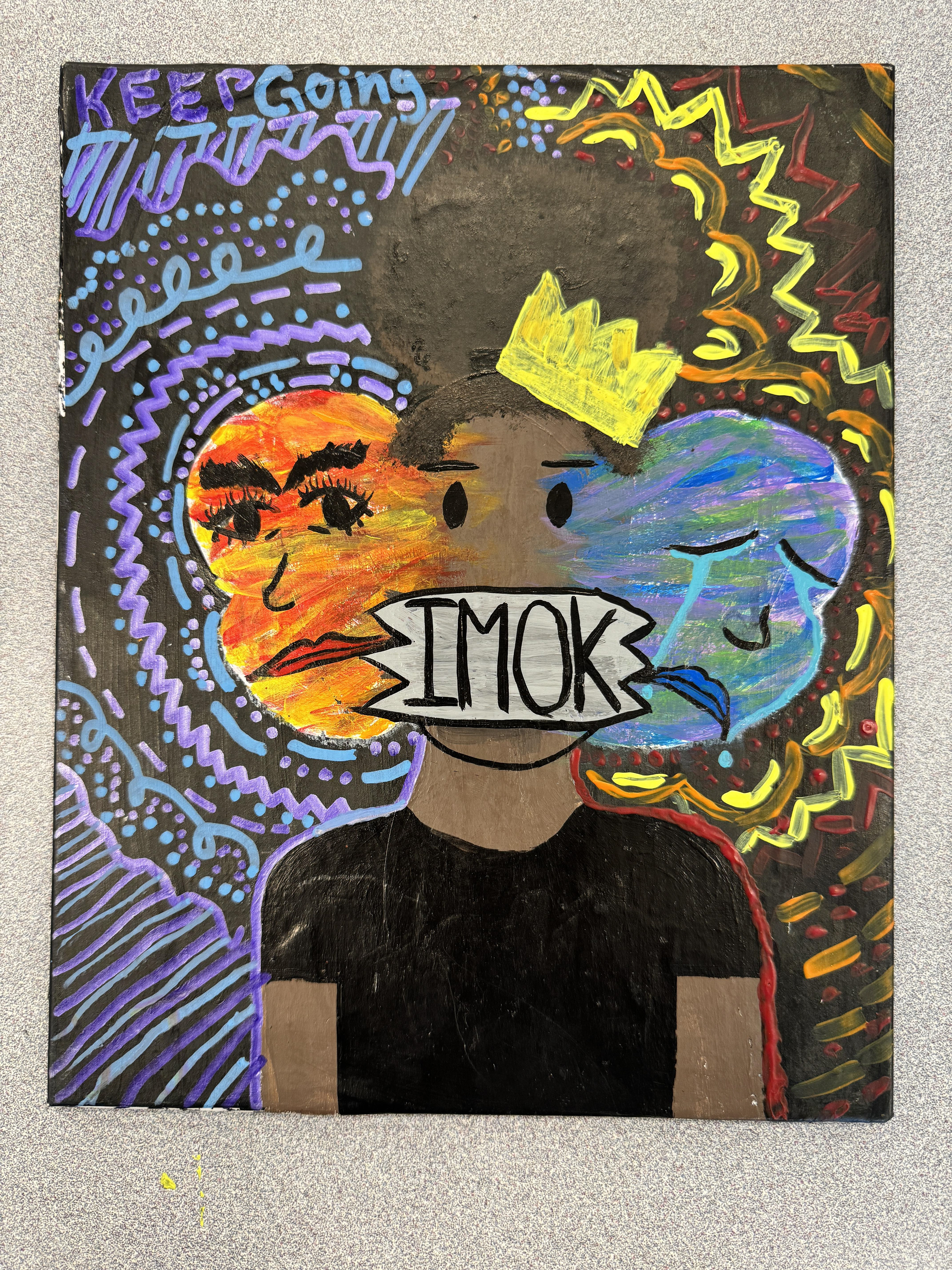 Da'vyne - Using acrylic paint on canvas, this untitled piece highlights the emotional struggles of a young lady hiding behind the phrase "I'm Ok".  